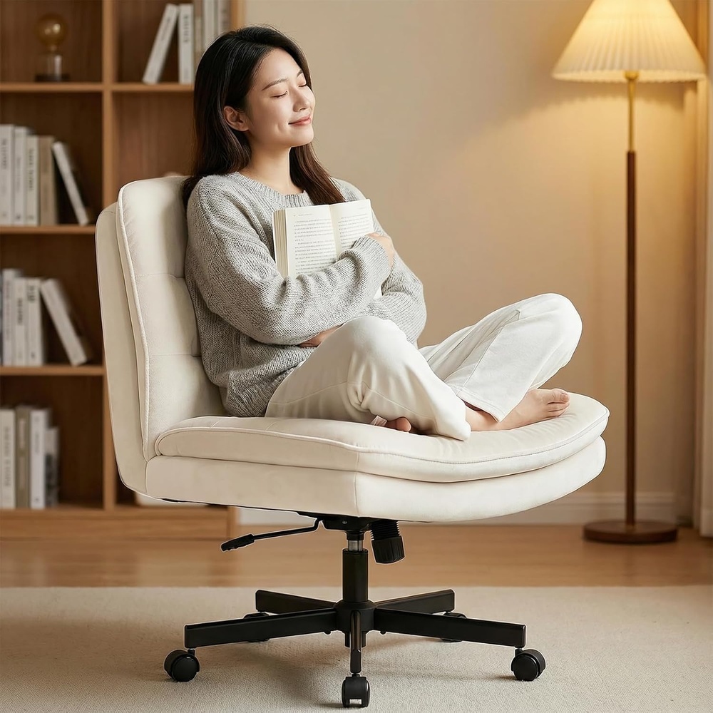 image:imageGTPLAYER Cross Legged Office Chair Armless Desk Chair Cute Vanity Chair with Wheels Computer Chair Comfy Wide Office Chair Adjustable Swivel for Home Computer Task Soft Velvet Beige