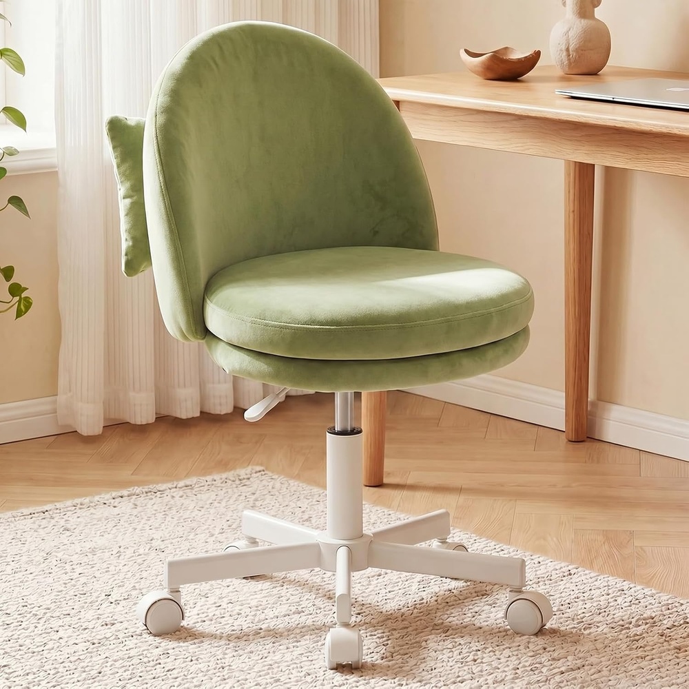 image:imageGTPLAYER Velvet Tall Office Chair with Wheels Vanity Chairs with Back Versatile Height Use Office to Bar Stools Small Ergonomic Comfy Armlees Computer Desk Chair with Bow Lumbar Pillow for GiftVegreen
