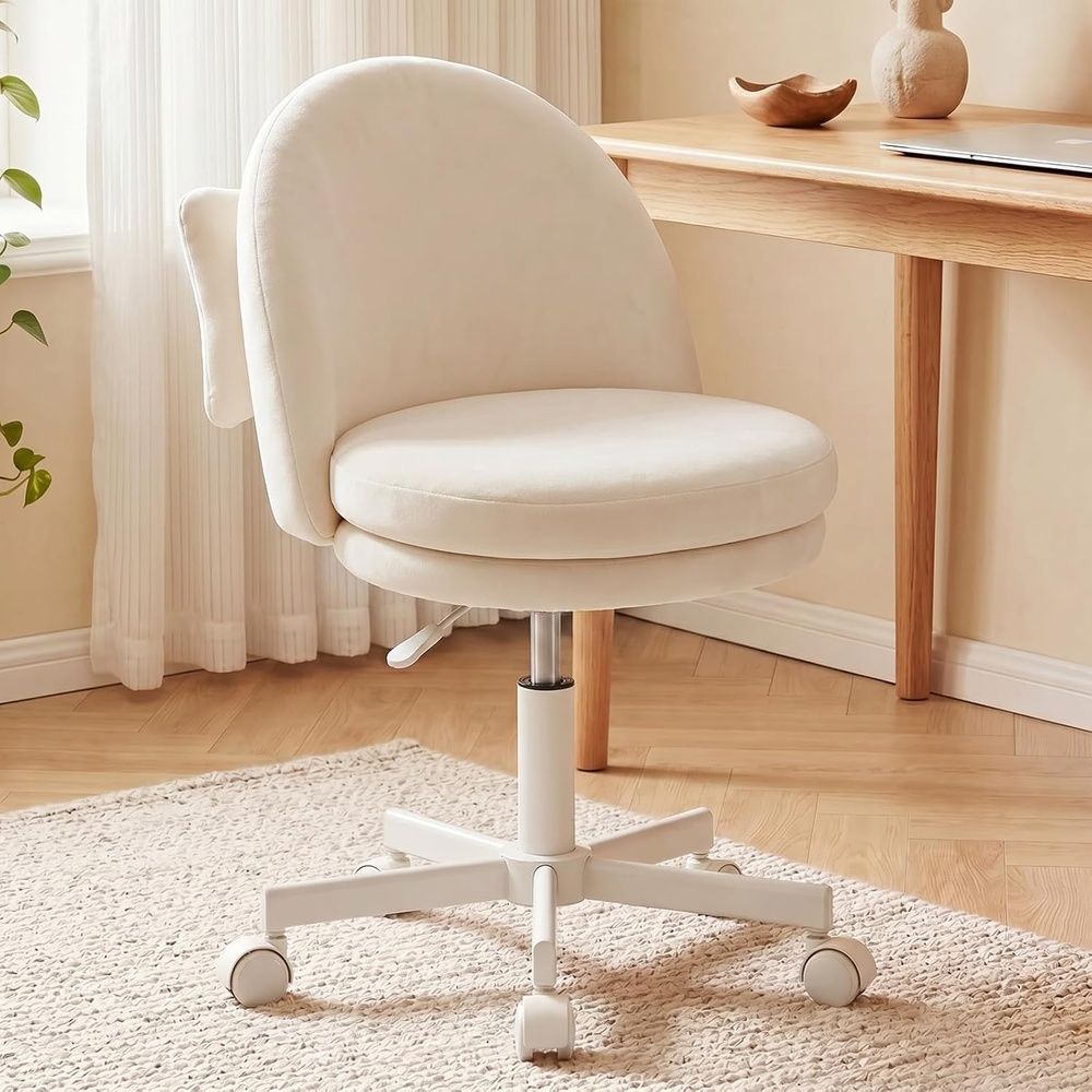 image:imageGTPLAYER Velvet Tall Office Chair with Wheels Vanity Chairs with Back Versatile Height Use Office to Bar Stools Small Ergonomic Comfy Armlees Computer Desk Chair with Bow Lumbar Pillow for GiftVewhite