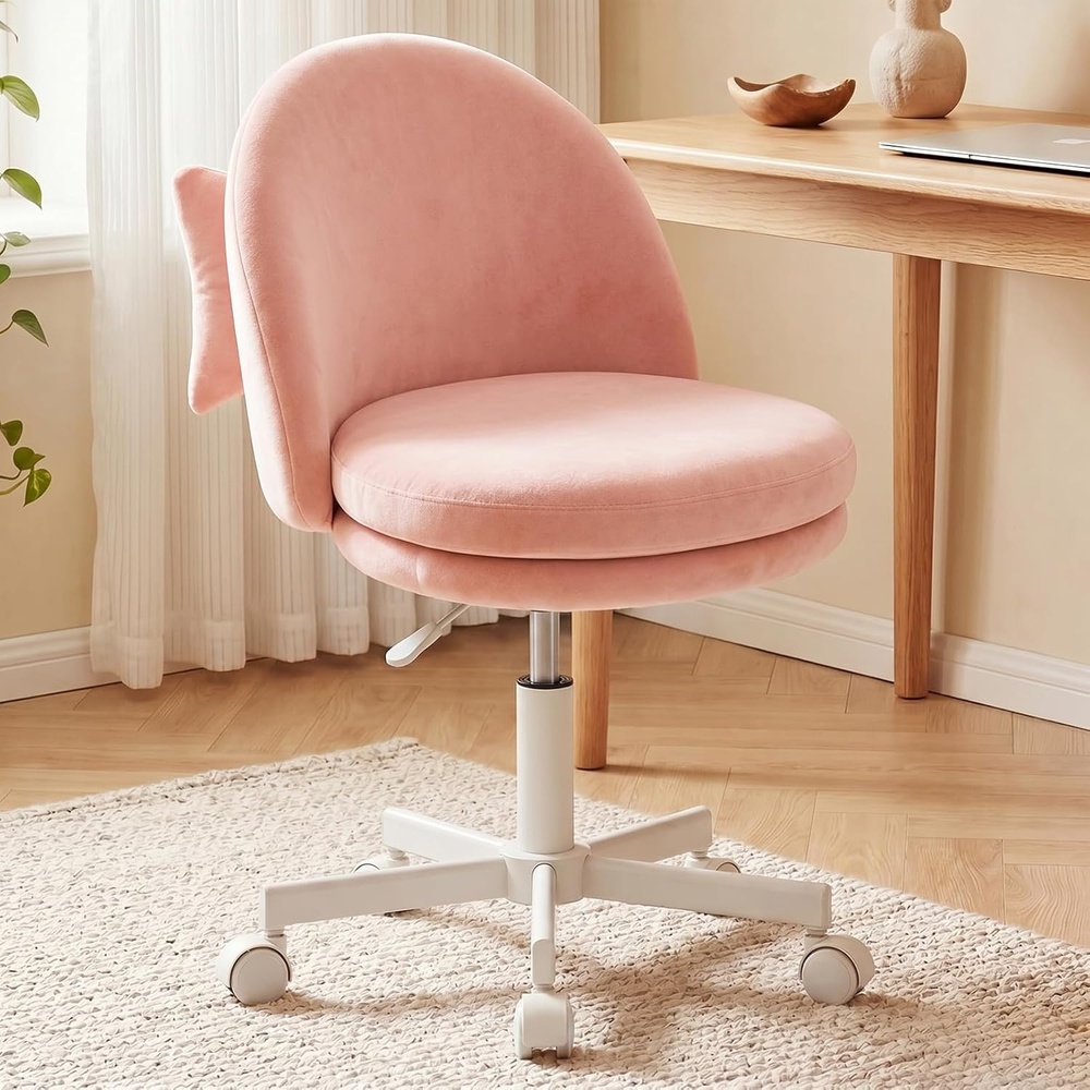 image:imageGTPLAYER Velvet Tall Office Chair with Wheels Vanity Chairs with Back Versatile Height Use Office to Bar Stools Small Ergonomic Comfy Armlees Computer Desk Chair with Bow Lumbar Pillow for GiftVepink