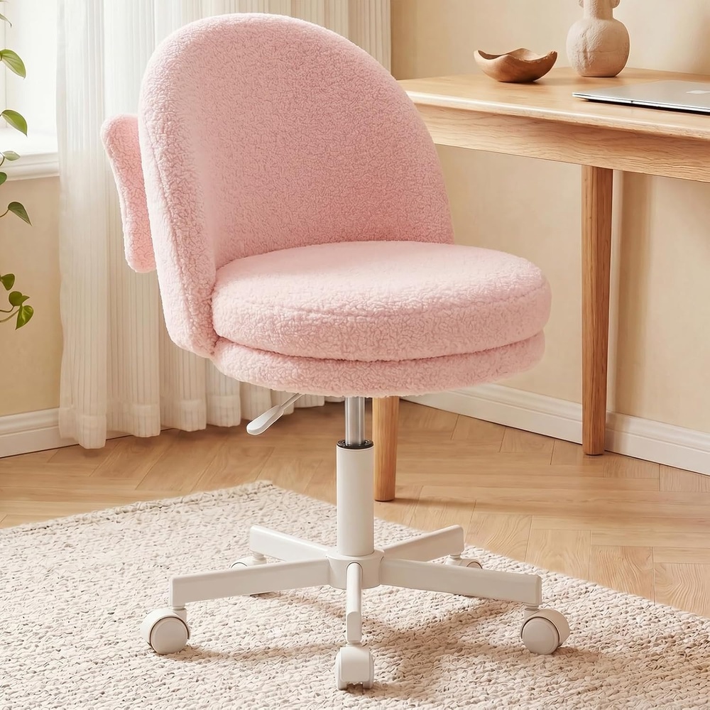 image:imageGTPLAYER Velvet Tall Office Chair with Wheels Vanity Chairs with Back Versatile Height Use Office to Bar Stools Small Ergonomic Comfy Armlees Computer Desk Chair with Bow Lumbar Pillow for GiftTvpink