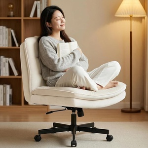 image:imageGTPLAYER Cross Legged Office Chair Armless Desk Chair Cute Vanity Chair with Wheels Computer Chair Comfy Wide Office Chair Adjustable Swivel for Home Computer Task Soft Velvet Beige