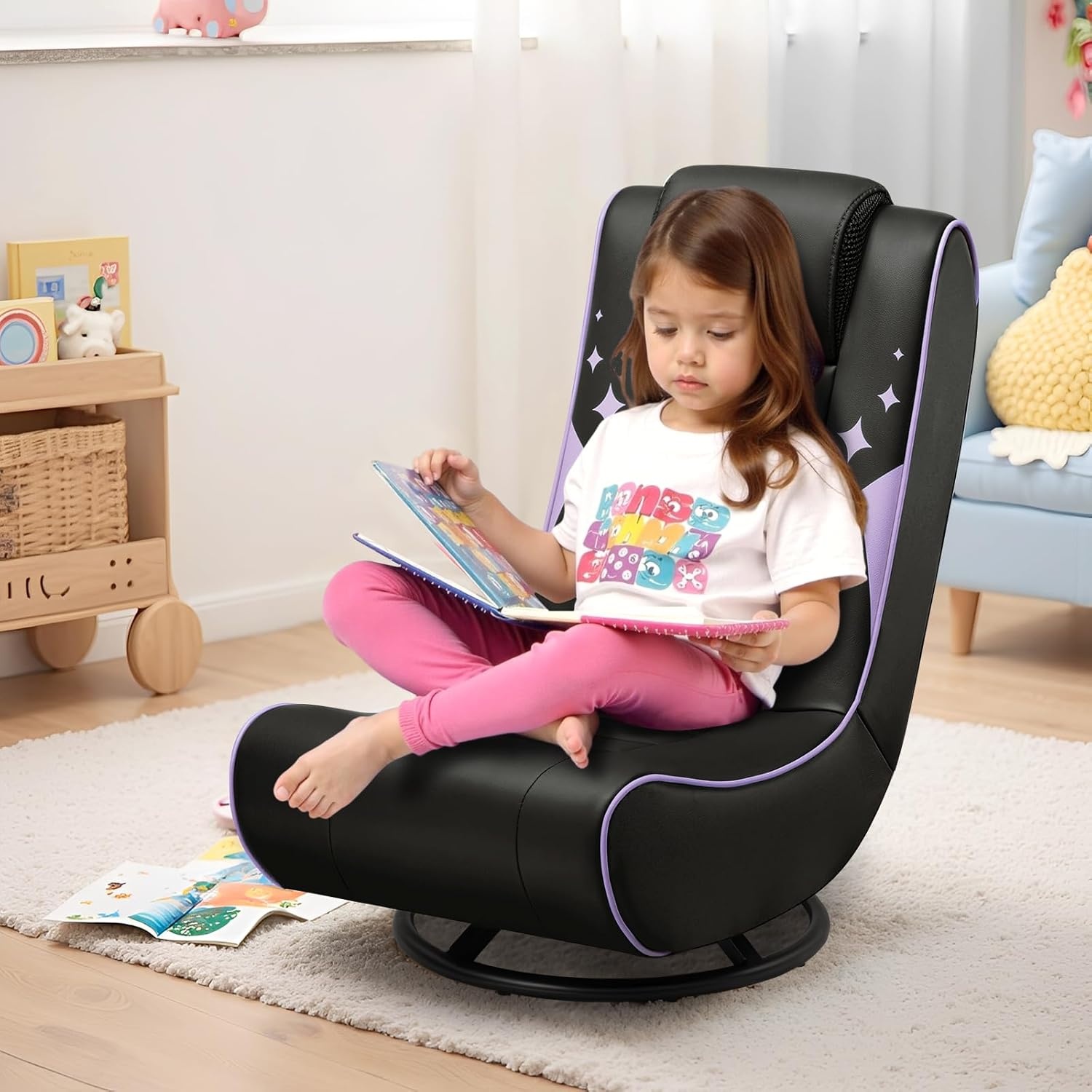 image:imageGTPLAYER Floor Gaming Chair Foldable Swivel Floor Chairs for Kids Boys Comfy Video Game Seat with 360 Multipurpose for Gamers Bedroom or Game Room BlackRedWith Headrest Purple