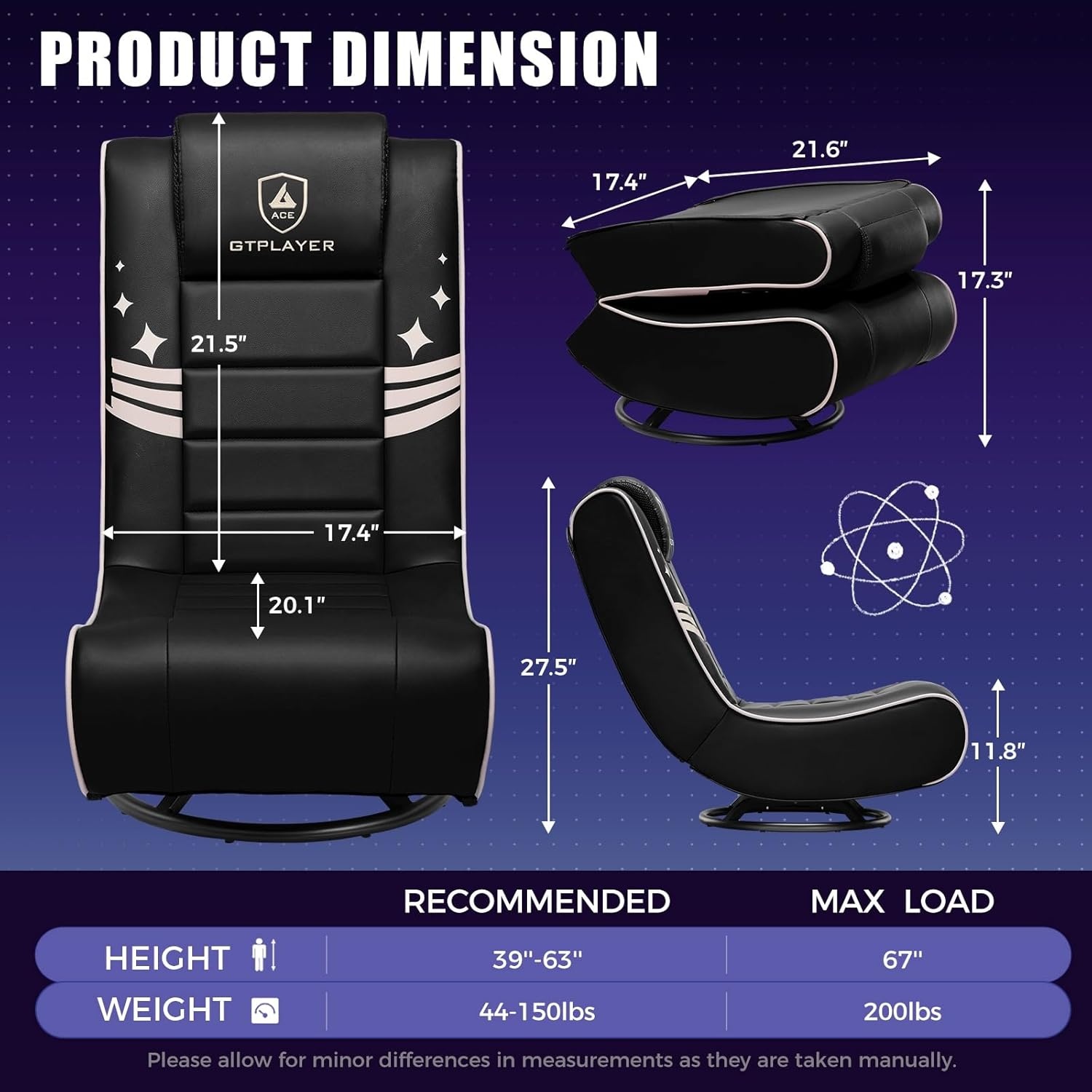 image:imageGTPLAYER Floor Gaming Chair Foldable Swivel Floor Chairs for Kids Boys Comfy Video Game Seat with 360 Multipurpose for Gamers Bedroom or Game Room BlackRedWith Headrest Black Gold Accent