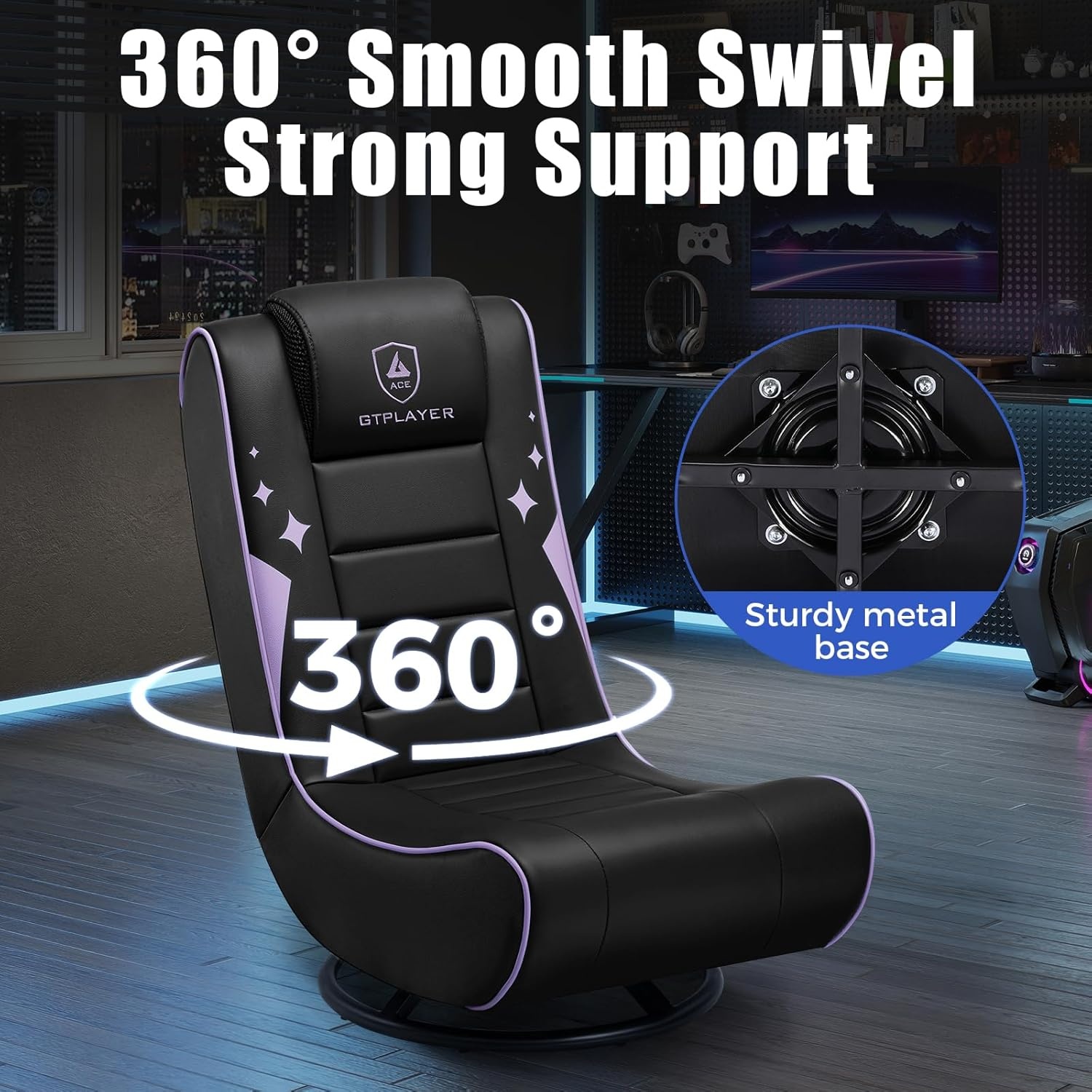 image:imageGTPLAYER Floor Gaming Chair Foldable Swivel Floor Chairs for Kids Boys Comfy Video Game Seat with 360 Multipurpose for Gamers Bedroom or Game Room BlackRedWith Headrest Purple