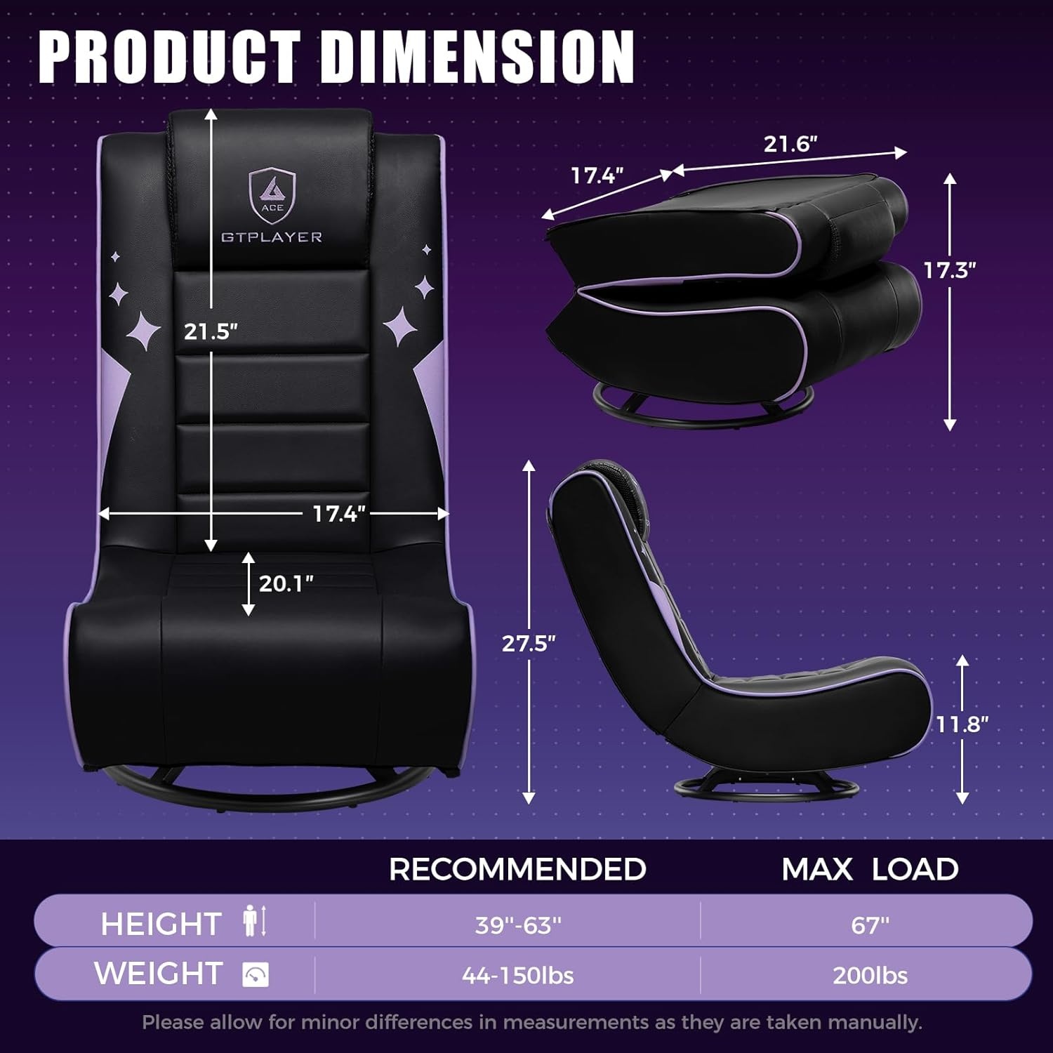 image:imageGTPLAYER Floor Gaming Chair Foldable Swivel Floor Chairs for Kids Boys Comfy Video Game Seat with 360 Multipurpose for Gamers Bedroom or Game Room BlackRedWith Headrest Purple