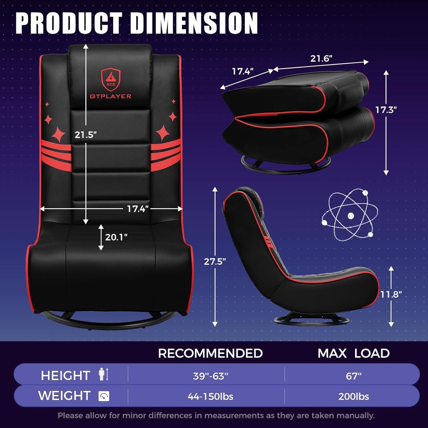 image:imageGTPLAYER Floor Gaming Chair Foldable Swivel Floor Chairs for Kids Boys Comfy Video Game Seat with 360 Multipurpose for Gamers Bedroom or Game Room BlackRedWith Headrest Red