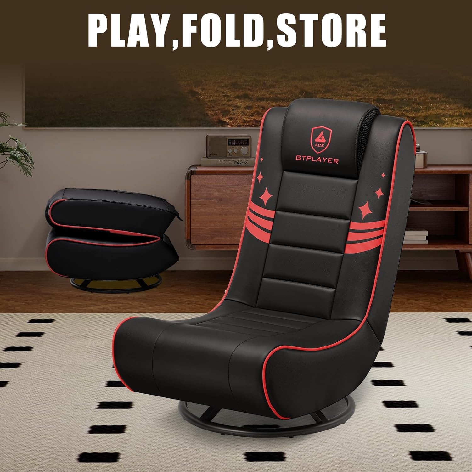 image:imageGTPLAYER Floor Gaming Chair Foldable Swivel Floor Chairs for Kids Boys Comfy Video Game Seat with 360 Multipurpose for Gamers Bedroom or Game Room BlackRedWith Headrest Blackred