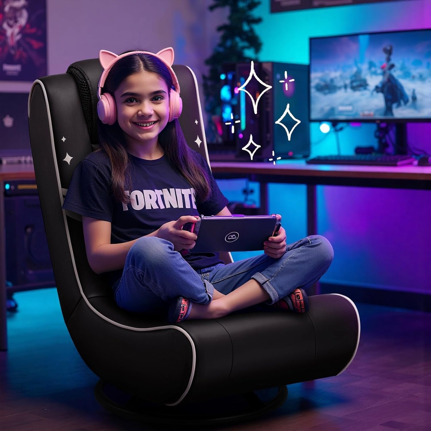 image:imageGTPLAYER Floor Gaming Chair Foldable Swivel Floor Chairs for Kids Boys Comfy Video Game Seat with 360 Multipurpose for Gamers Bedroom or Game Room BlackRedWith Headrest Black Gold Accent