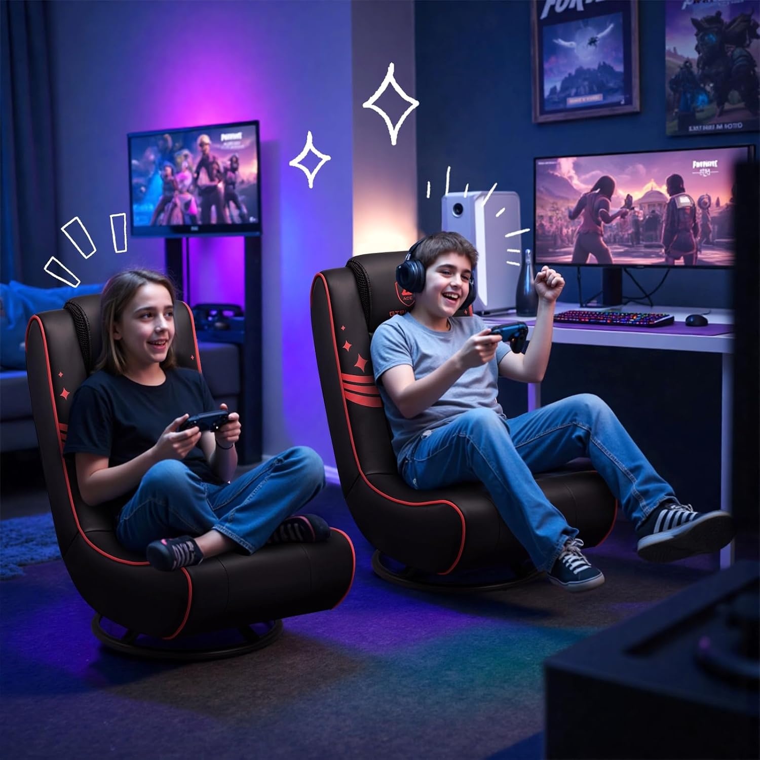 image:imageGTPLAYER Floor Gaming Chair Foldable Swivel Floor Chairs for Kids Boys Comfy Video Game Seat with 360 Multipurpose for Gamers Bedroom or Game Room BlackRedWith Headrest Red