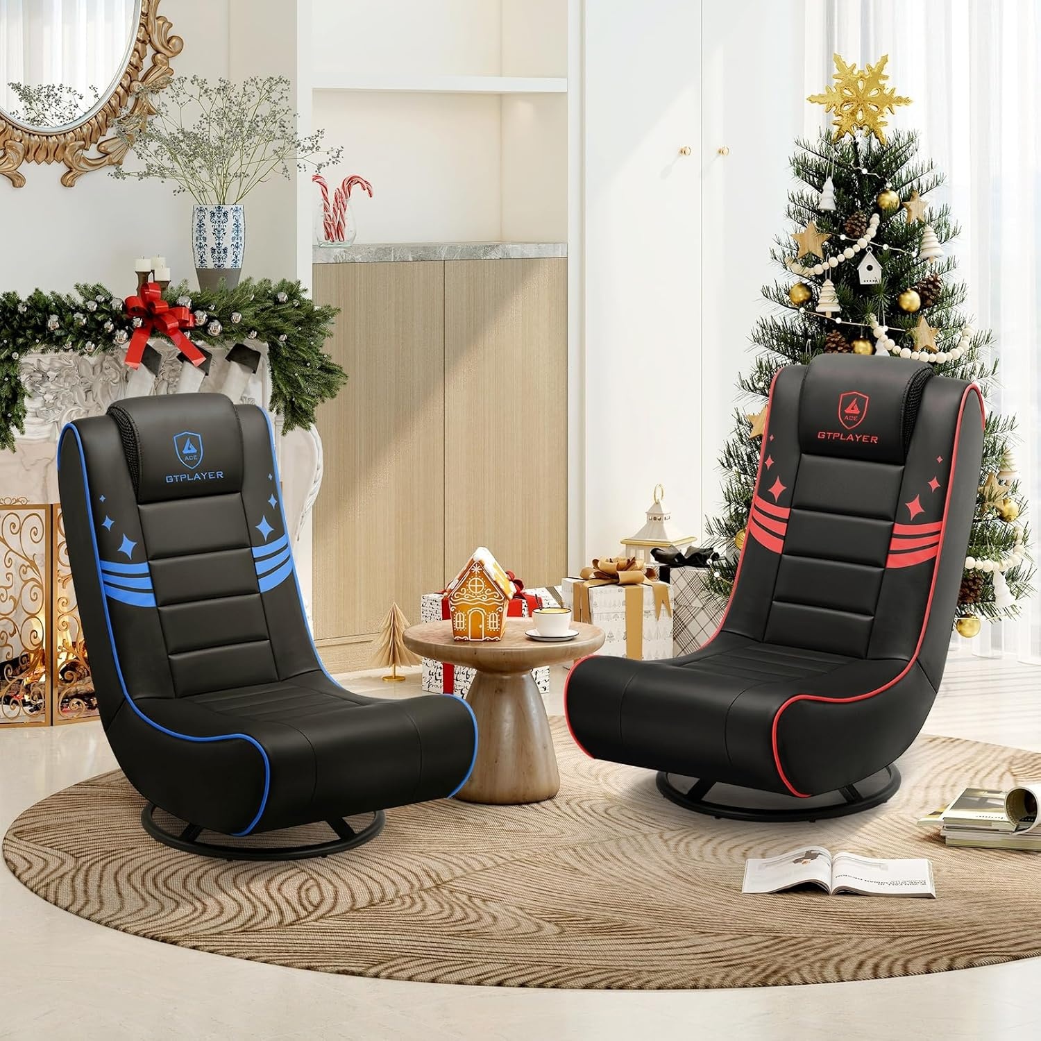 image:imageGTPLAYER Floor Gaming Chair Foldable Swivel Floor Chairs for Kids Boys Comfy Video Game Seat with 360 Multipurpose for Gamers Bedroom or Game Room BlackRedWith Headrest Red