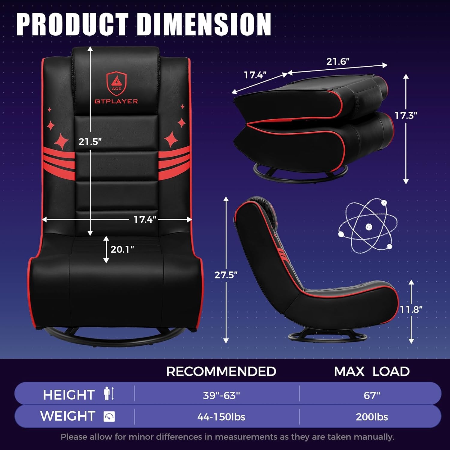 image:imageGTPLAYER Floor Gaming Chair Foldable Swivel Floor Chairs for Kids Boys Comfy Video Game Seat with 360 Multipurpose for Gamers Bedroom or Game Room BlackRedWith Headrest Blackred