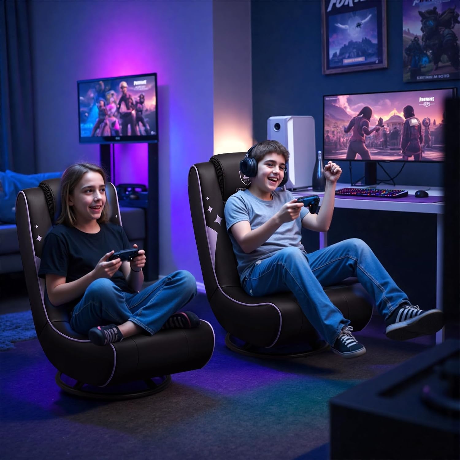 image:imageGTPLAYER Floor Gaming Chair Foldable Swivel Floor Chairs for Kids Boys Comfy Video Game Seat with 360 Multipurpose for Gamers Bedroom or Game Room BlackRedWith Headrest Purple