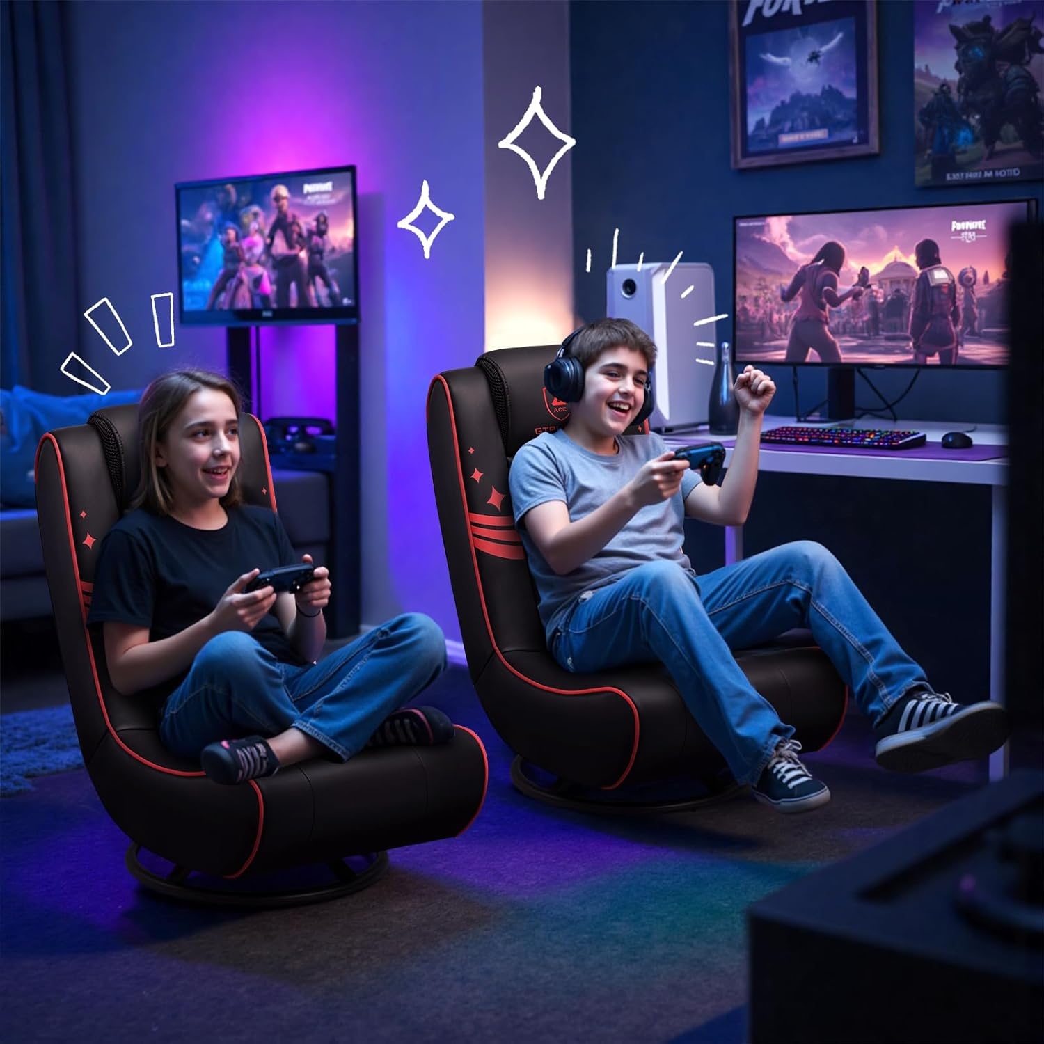 image:imageGTPLAYER Floor Gaming Chair Foldable Swivel Floor Chairs for Kids Boys Comfy Video Game Seat with 360 Multipurpose for Gamers Bedroom or Game Room BlackRedWith Headrest Blackred