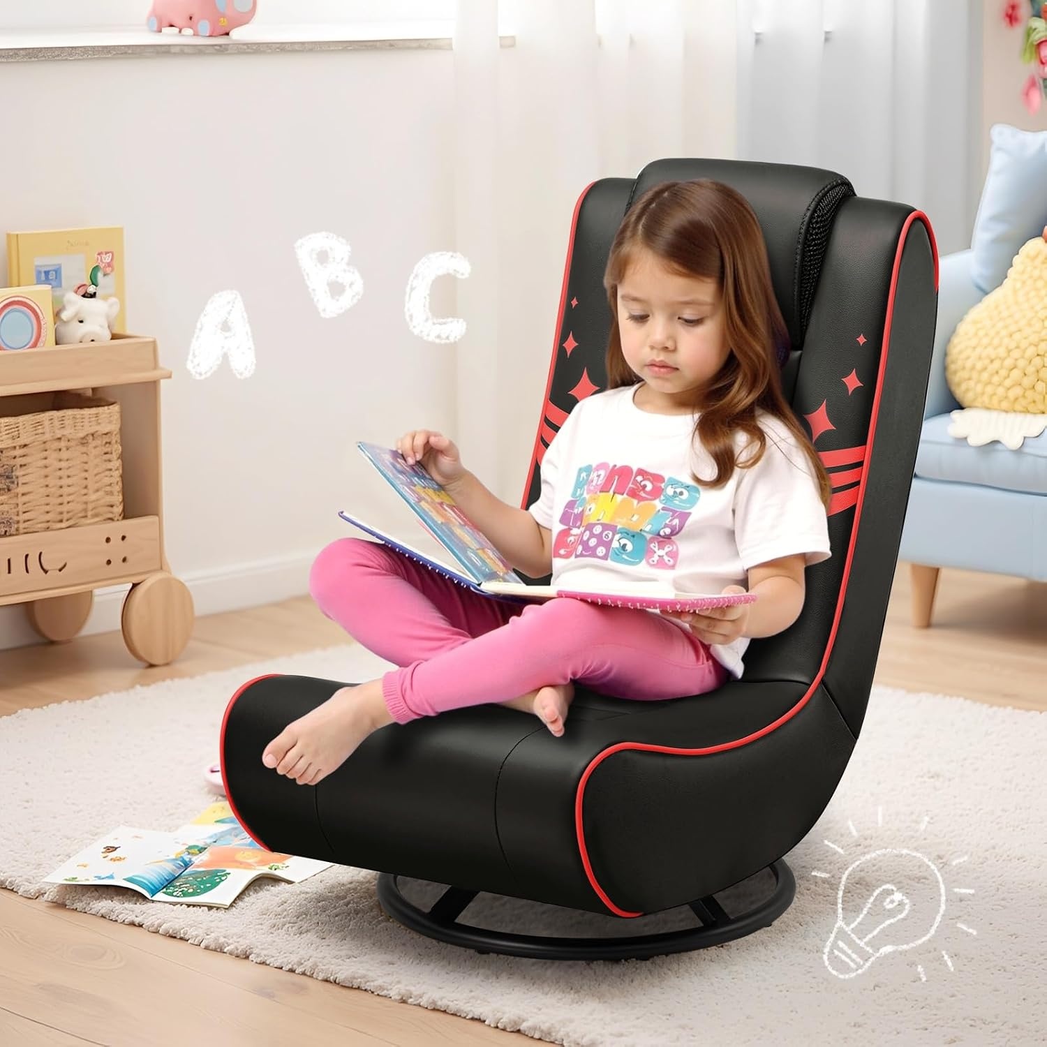 image:imageGTPLAYER Floor Gaming Chair Foldable Swivel Floor Chairs for Kids Boys Comfy Video Game Seat with 360 Multipurpose for Gamers Bedroom or Game Room BlackRedWith Headrest Red