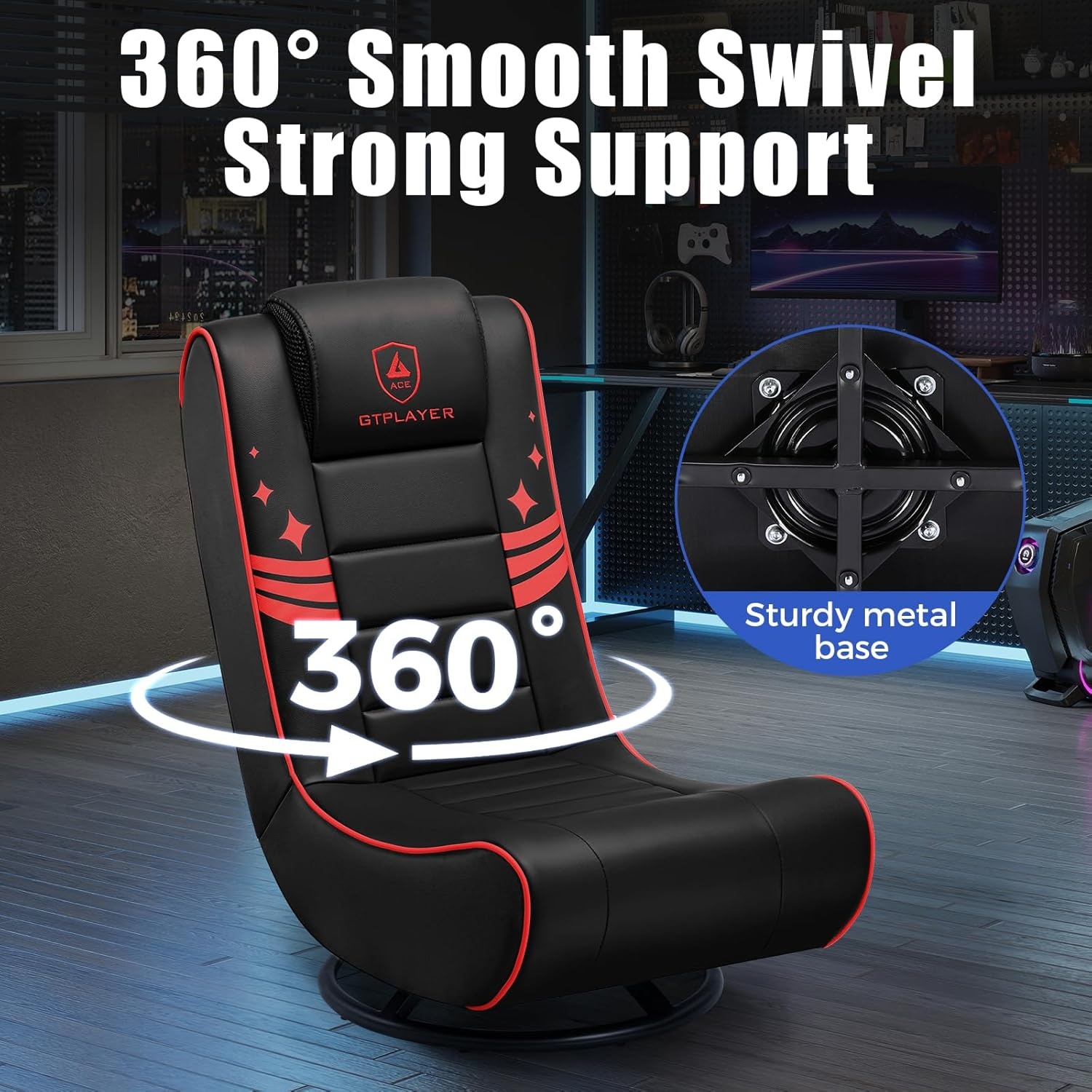 image:imageGTPLAYER Floor Gaming Chair Foldable Swivel Floor Chairs for Kids Boys Comfy Video Game Seat with 360 Multipurpose for Gamers Bedroom or Game Room BlackRedWith Headrest Blackred