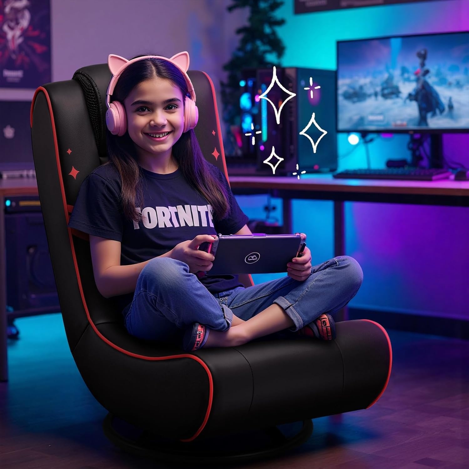 image:imageGTPLAYER Floor Gaming Chair Foldable Swivel Floor Chairs for Kids Boys Comfy Video Game Seat with 360 Multipurpose for Gamers Bedroom or Game Room BlackRedWith Headrest Red