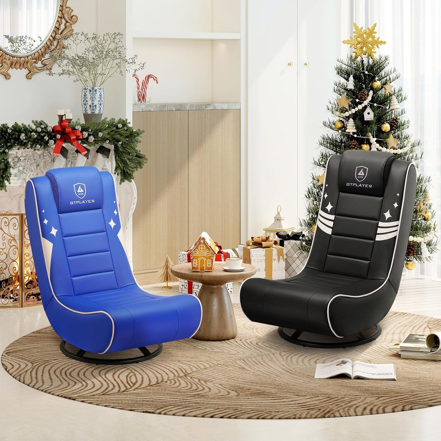 image:imageGTPLAYER Floor Gaming Chair Foldable Swivel Floor Chairs for Kids Boys Comfy Video Game Seat with 360 Multipurpose for Gamers Bedroom or Game Room BlackRedWith Headrest Black Gold Accent