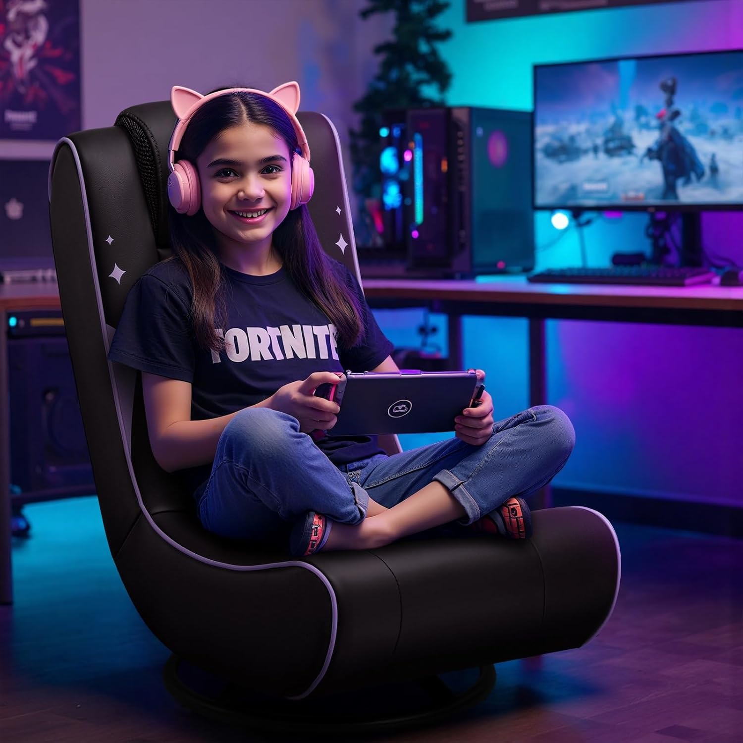 image:imageGTPLAYER Floor Gaming Chair Foldable Swivel Floor Chairs for Kids Boys Comfy Video Game Seat with 360 Multipurpose for Gamers Bedroom or Game Room BlackRedWith Headrest Purple