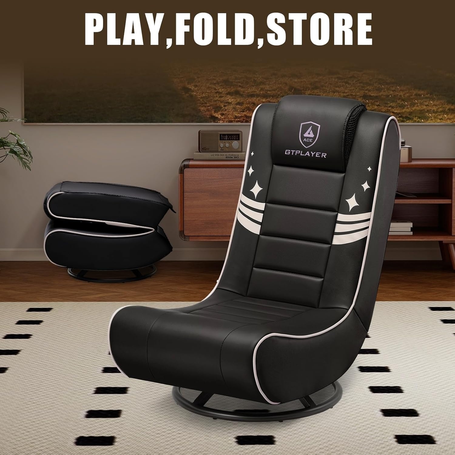 image:imageGTPLAYER Floor Gaming Chair Foldable Swivel Floor Chairs for Kids Boys Comfy Video Game Seat with 360 Multipurpose for Gamers Bedroom or Game Room BlackRedWith Headrest Black Gold Accent