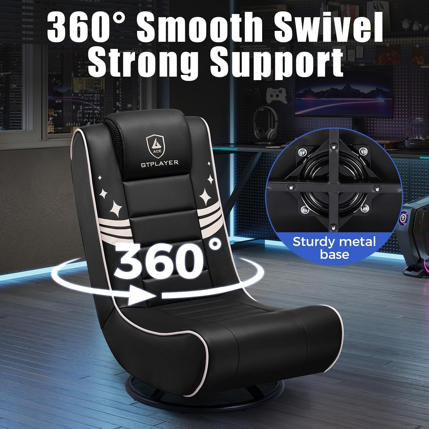 image:imageGTPLAYER Floor Gaming Chair Foldable Swivel Floor Chairs for Kids Boys Comfy Video Game Seat with 360 Multipurpose for Gamers Bedroom or Game Room BlackRedWith Headrest Black Gold Accent