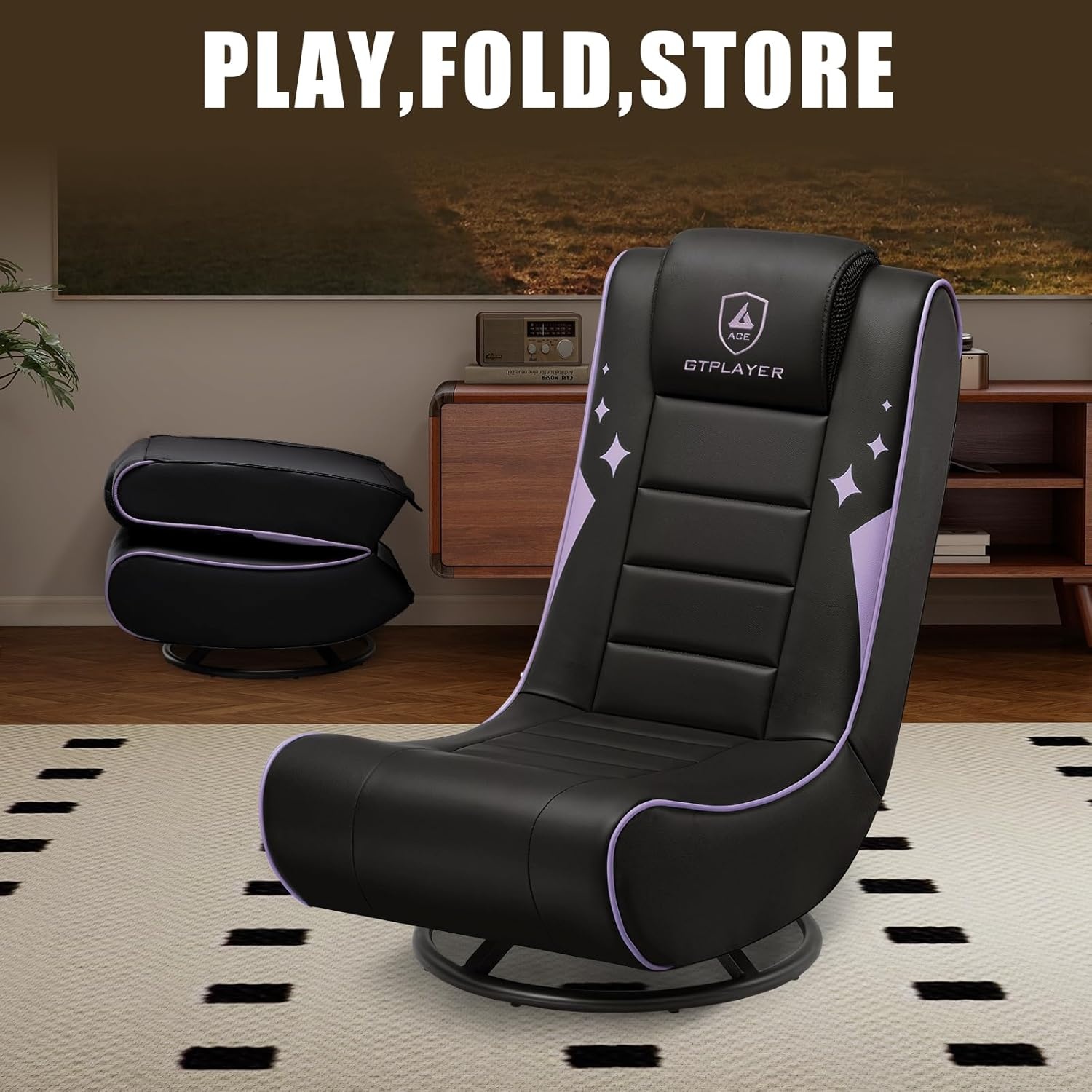 image:imageGTPLAYER Floor Gaming Chair Foldable Swivel Floor Chairs for Kids Boys Comfy Video Game Seat with 360 Multipurpose for Gamers Bedroom or Game Room BlackRedWith Headrest Purple