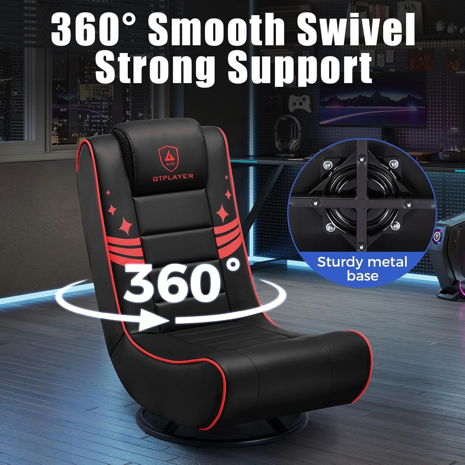 image:imageGTPLAYER Floor Gaming Chair Foldable Swivel Floor Chairs for Kids Boys Comfy Video Game Seat with 360 Multipurpose for Gamers Bedroom or Game Room BlackRedWith Headrest Red