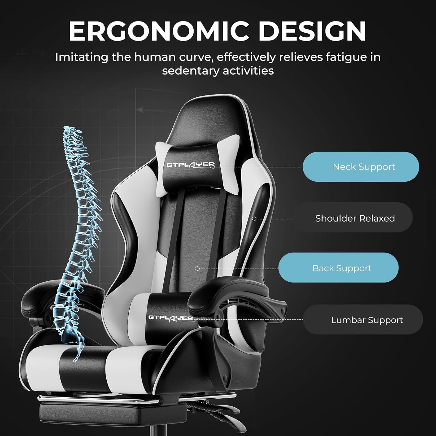 image:imageGTPLAYER Gaming Chair Computer Chair with Footrest and Lumbar Support Height Adjustable Game Chair with 360Swivel Seat and Headrest and for Office or Gaming Faux Leather BlackWhite