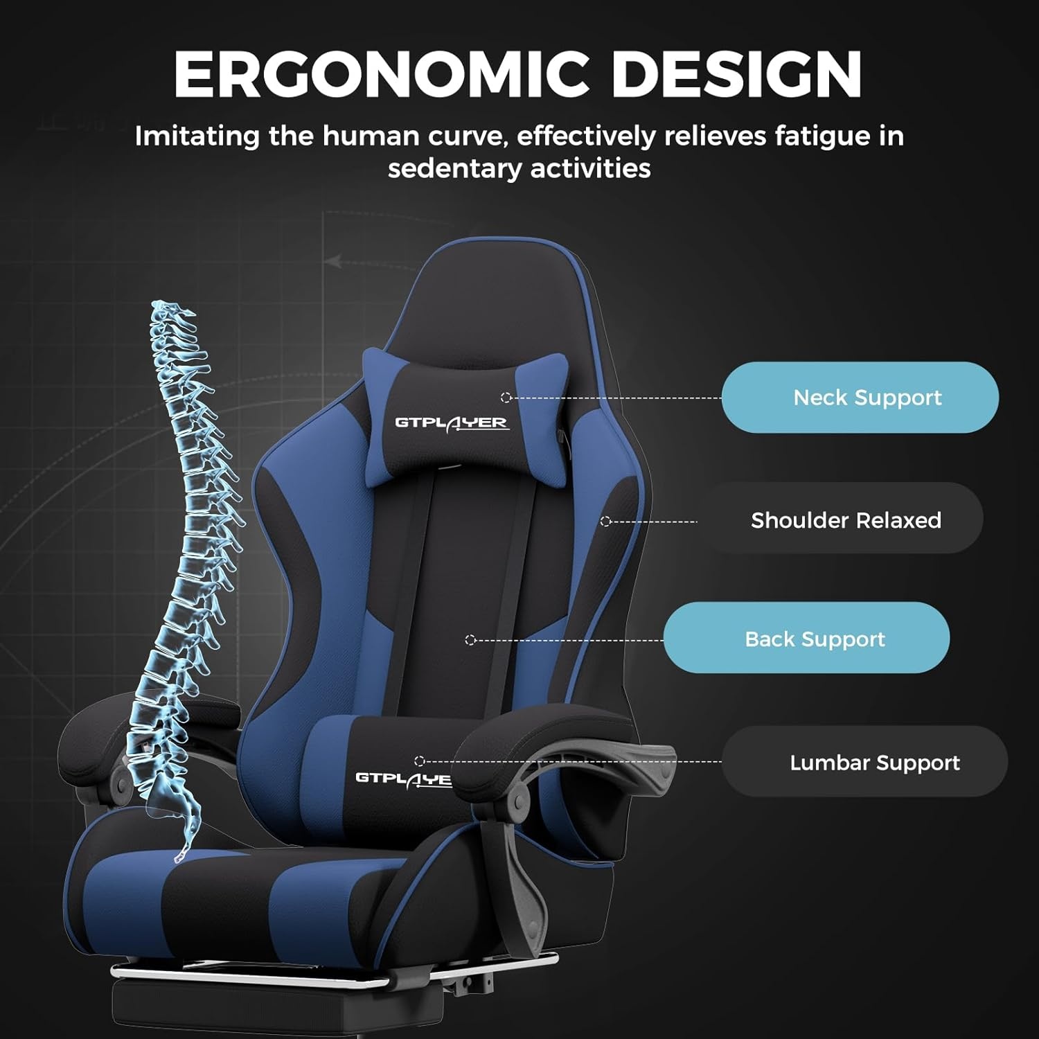 image:imageGTPLAYER Gaming Chair Computer Chair with Footrest and Lumbar Support Height Adjustable Game Chair with 360Swivel Seat and Headrest and for Office or Gaming Faux Leather BlackFabric Blue