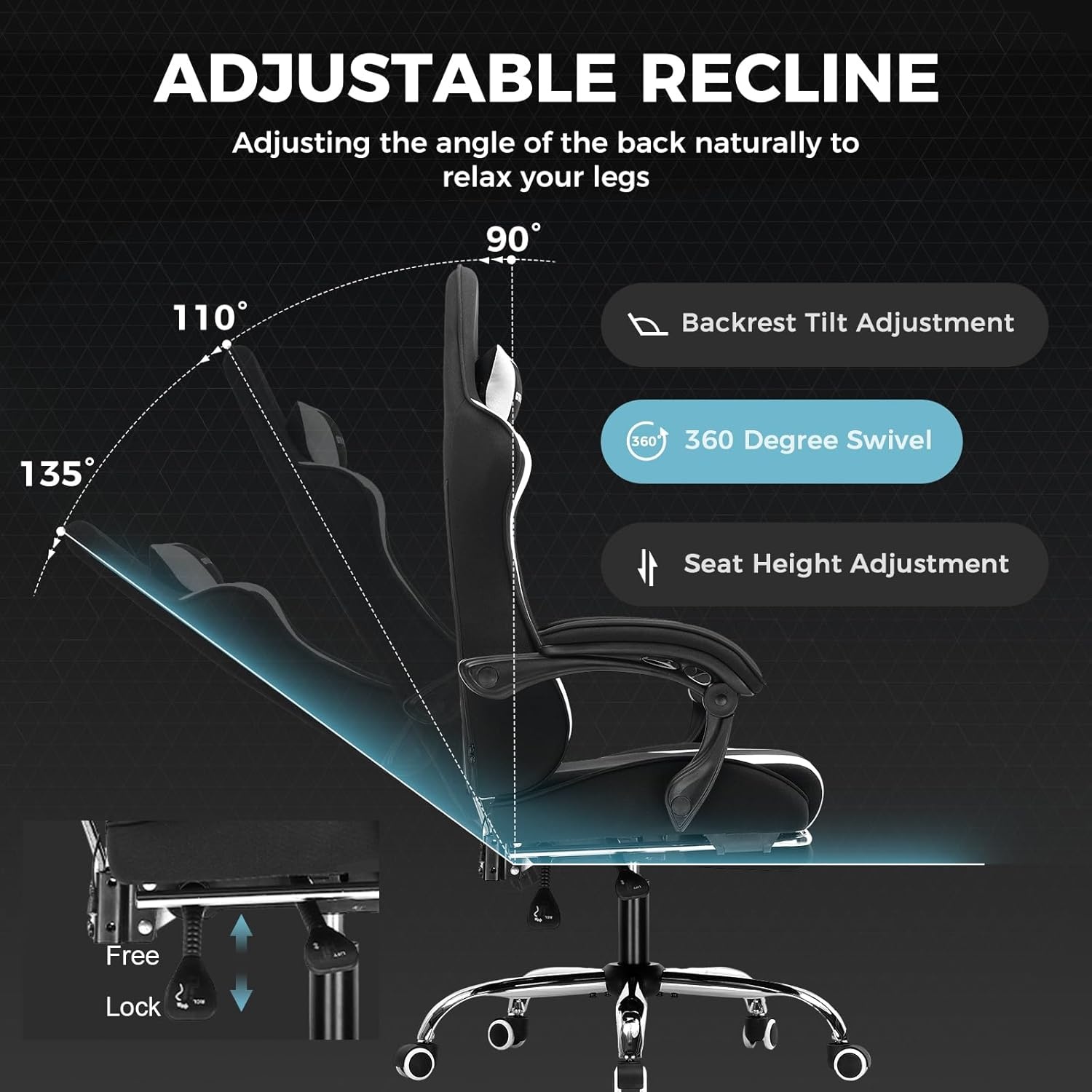 image:imageGTPLAYER Gaming Chair Computer Chair with Footrest and Lumbar Support Height Adjustable Game Chair with 360Swivel Seat and Headrest and for Office or Gaming Faux Leather BlackFabric Black White