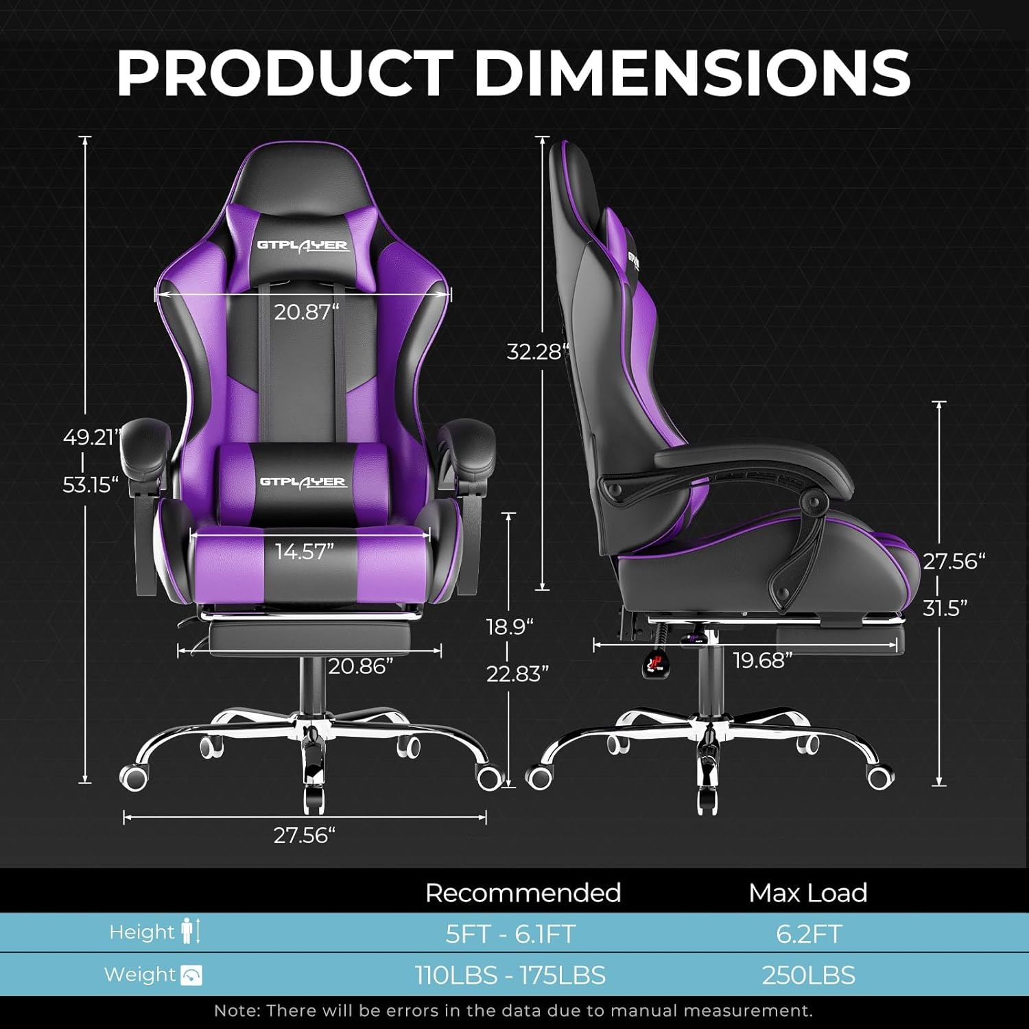 image:imageGTPLAYER Gaming Chair Computer Chair with Footrest and Lumbar Support Height Adjustable Game Chair with 360Swivel Seat and Headrest and for Office or Gaming Faux Leather BlackPurple