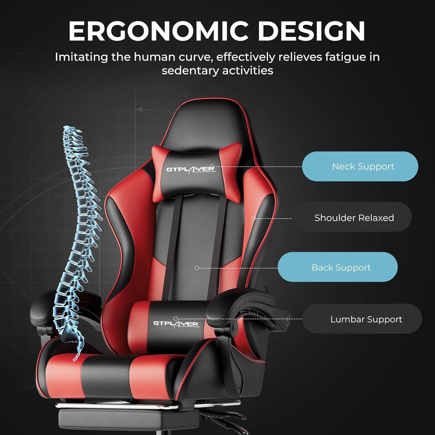 image:imageGTPLAYER Gaming Chair Computer Chair with Footrest and Lumbar Support Height Adjustable Game Chair with 360Swivel Seat and Headrest and for Office or Gaming Faux Leather BlackBrickred