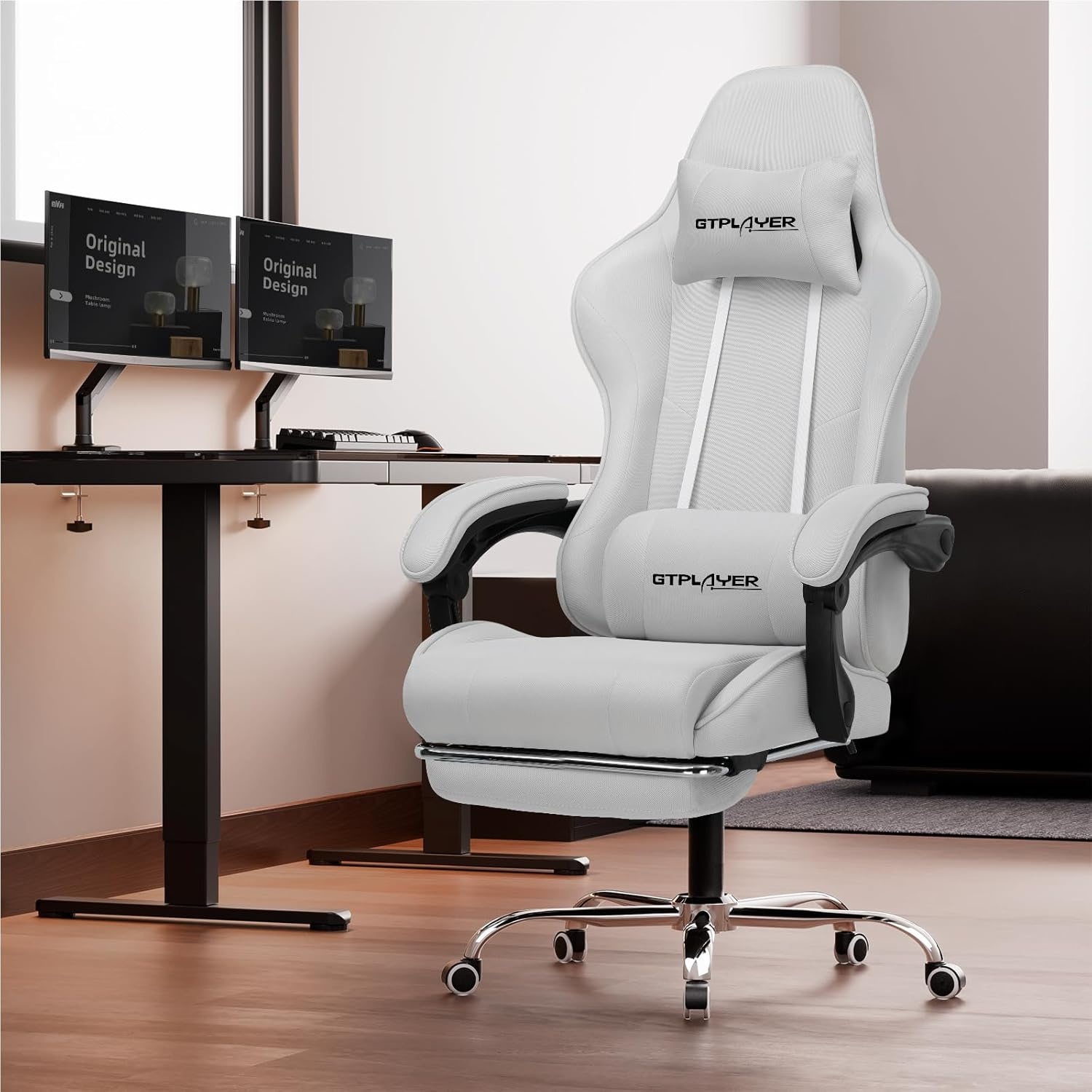 image:imageGTPLAYER Gaming Chair Computer Chair with Footrest and Lumbar Support Height Adjustable Game Chair with 360Swivel Seat and Headrest and for Office or Gaming Faux Leather BlackFabric Light Gray