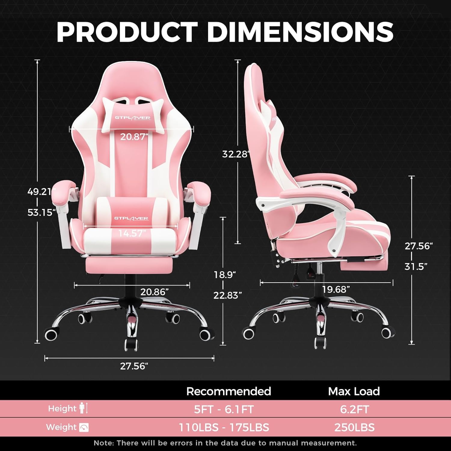 image:imageGTPLAYER Gaming Chair Computer Chair with Footrest and Lumbar Support Height Adjustable Game Chair with 360Swivel Seat and Headrest and for Office or Gaming Faux Leather BlackPink