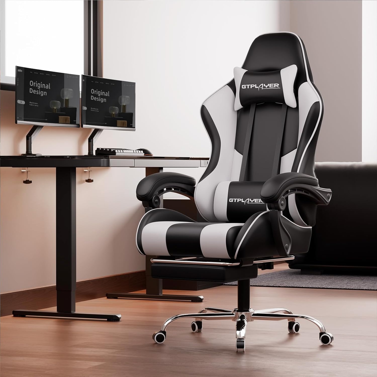 image:imageGTPLAYER Gaming Chair Computer Chair with Footrest and Lumbar Support Height Adjustable Game Chair with 360Swivel Seat and Headrest and for Office or Gaming Faux Leather BlackWhite