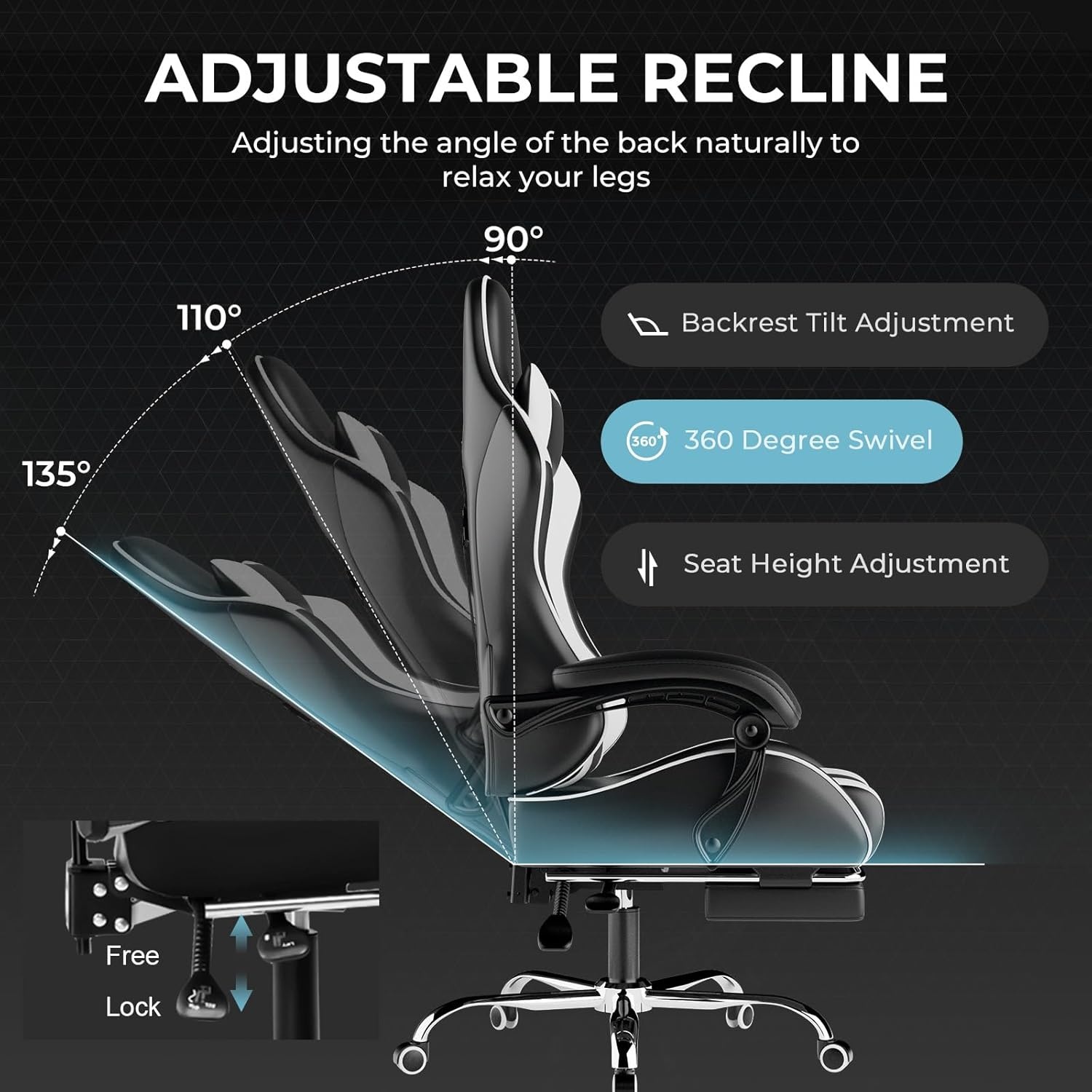 image:imageGTPLAYER Gaming Chair Computer Chair with Footrest and Lumbar Support Height Adjustable Game Chair with 360Swivel Seat and Headrest and for Office or Gaming Faux Leather BlackWhite