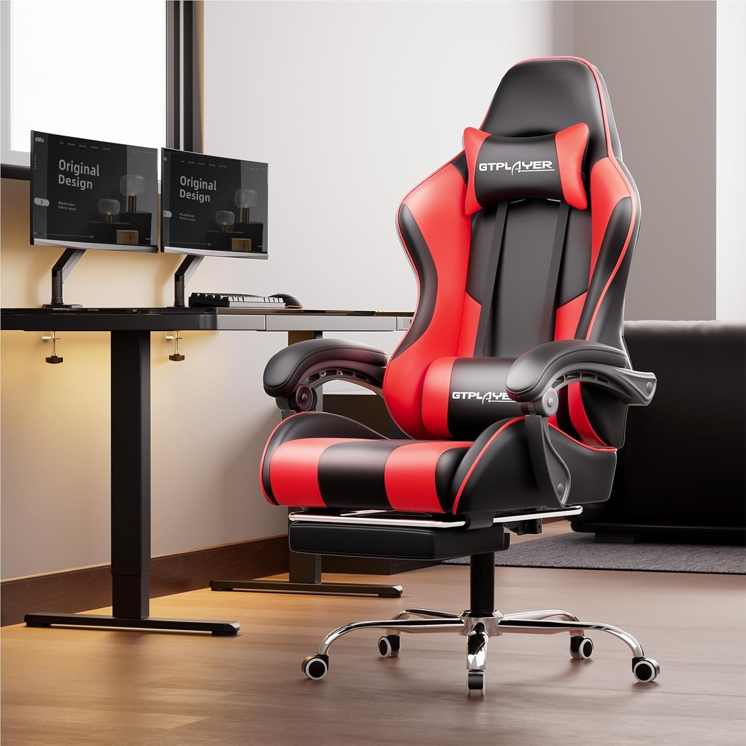 image:imageGTPLAYER Gaming Chair Computer Chair with Footrest and Lumbar Support Height Adjustable Game Chair with 360Swivel Seat and Headrest and for Office or Gaming Faux Leather BlackBrickred