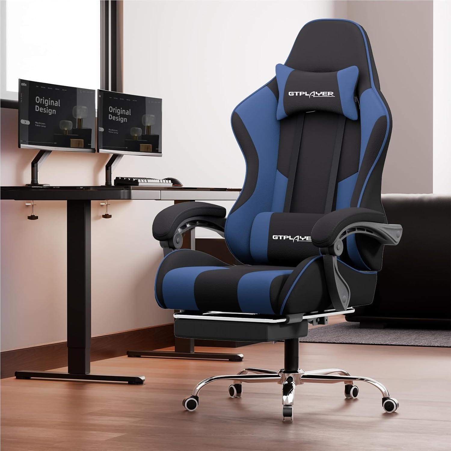 image:imageGTPLAYER Gaming Chair Computer Chair with Footrest and Lumbar Support Height Adjustable Game Chair with 360Swivel Seat and Headrest and for Office or Gaming Faux Leather BlackFabric Blue