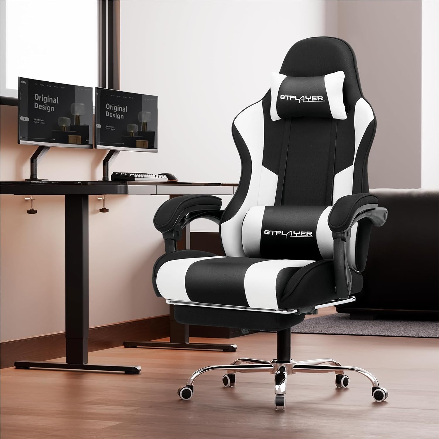 image:imageGTPLAYER Gaming Chair Computer Chair with Footrest and Lumbar Support Height Adjustable Game Chair with 360Swivel Seat and Headrest and for Office or Gaming Faux Leather BlackFabric Black White