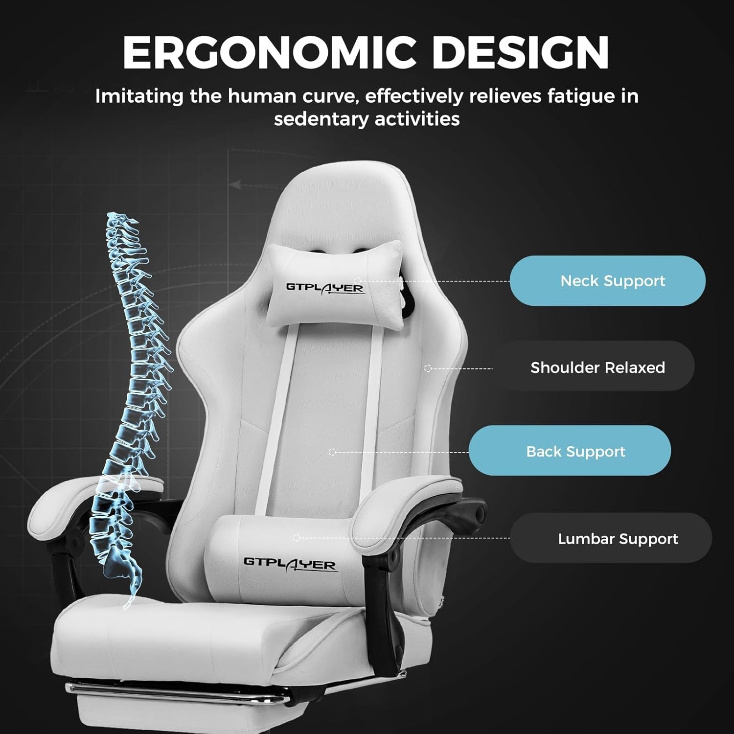 image:imageGTPLAYER Gaming Chair Computer Chair with Footrest and Lumbar Support Height Adjustable Game Chair with 360Swivel Seat and Headrest and for Office or Gaming Faux Leather BlackFabric Light Gray