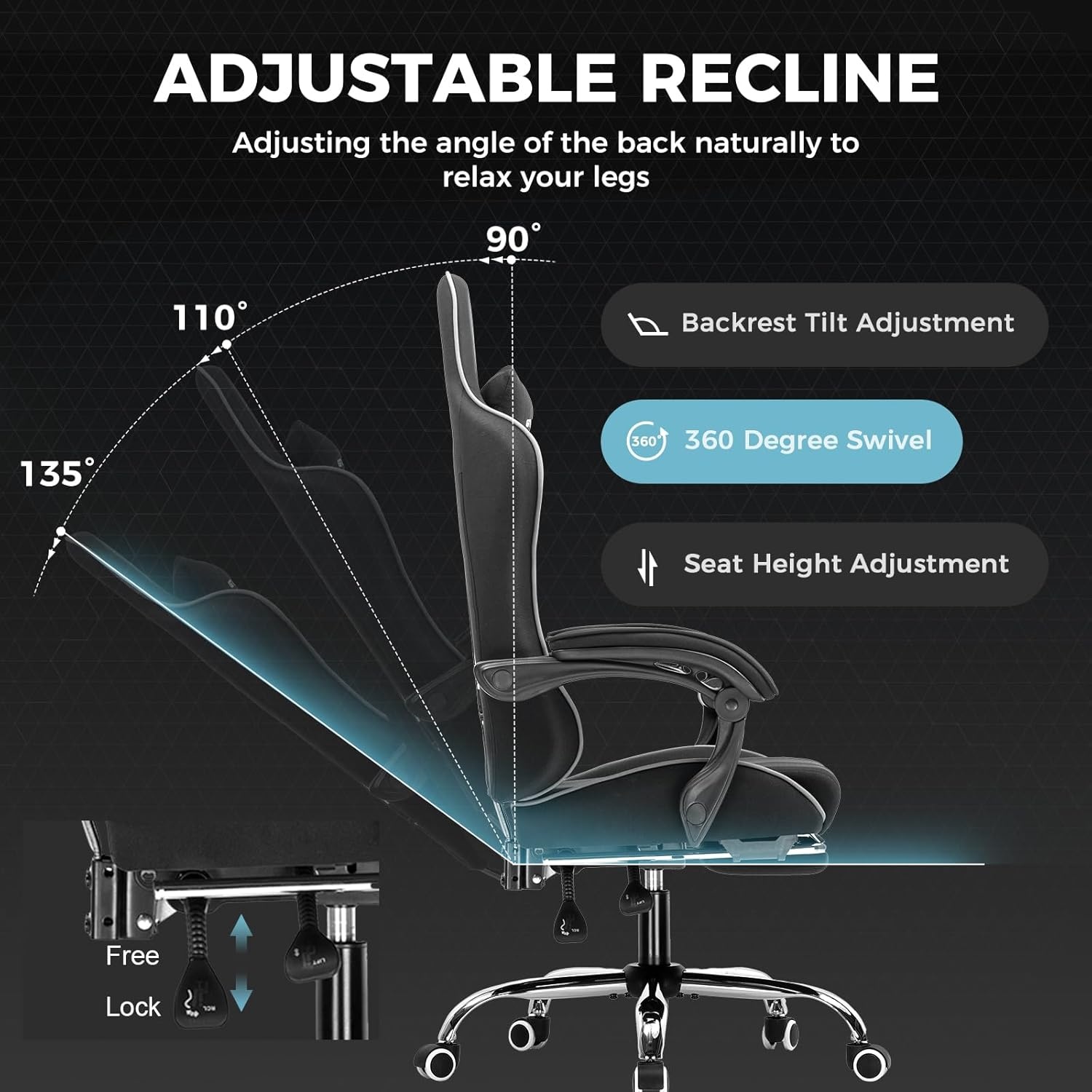image:imageGTPLAYER Gaming Chair Computer Chair with Footrest and Lumbar Support Height Adjustable Game Chair with 360Swivel Seat and Headrest and for Office or Gaming Faux Leather BlackBlack