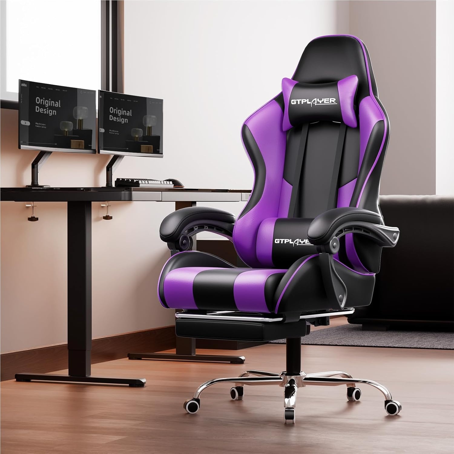image:imageGTPLAYER Gaming Chair Computer Chair with Footrest and Lumbar Support Height Adjustable Game Chair with 360Swivel Seat and Headrest and for Office or Gaming Faux Leather BlackPurple