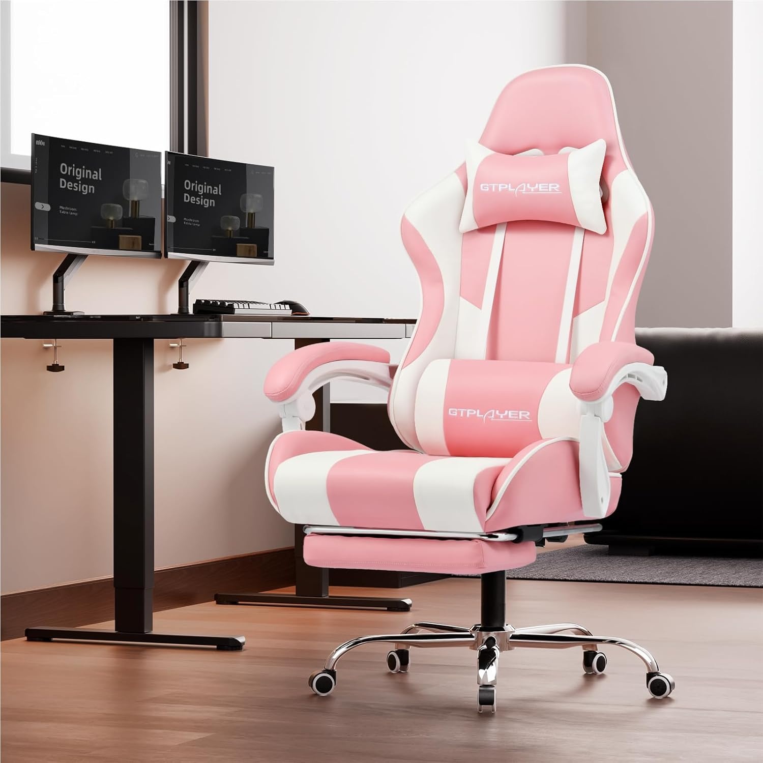 image:imageGTPLAYER Gaming Chair Computer Chair with Footrest and Lumbar Support Height Adjustable Game Chair with 360Swivel Seat and Headrest and for Office or Gaming Faux Leather BlackPink