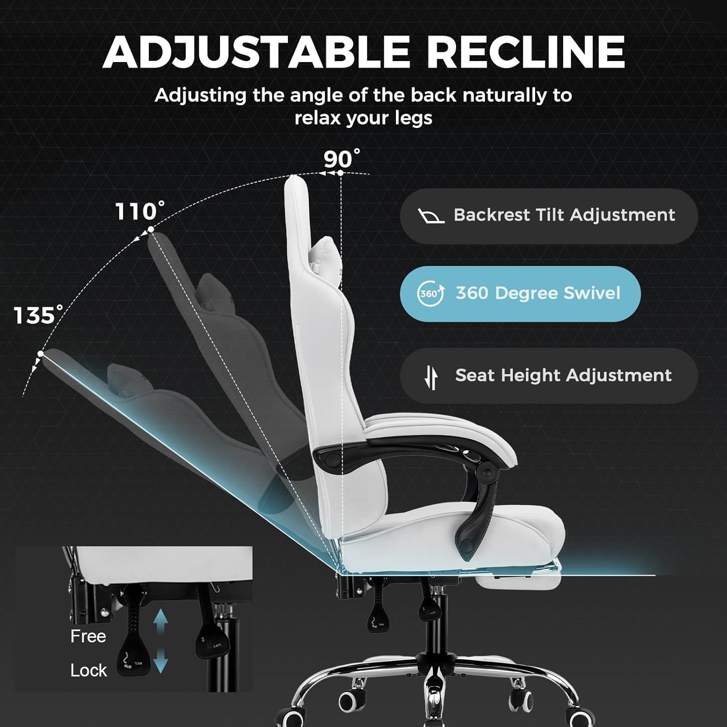 image:imageGTPLAYER Gaming Chair Computer Chair with Footrest and Lumbar Support Height Adjustable Game Chair with 360Swivel Seat and Headrest and for Office or Gaming Faux Leather BlackFabric Light Gray