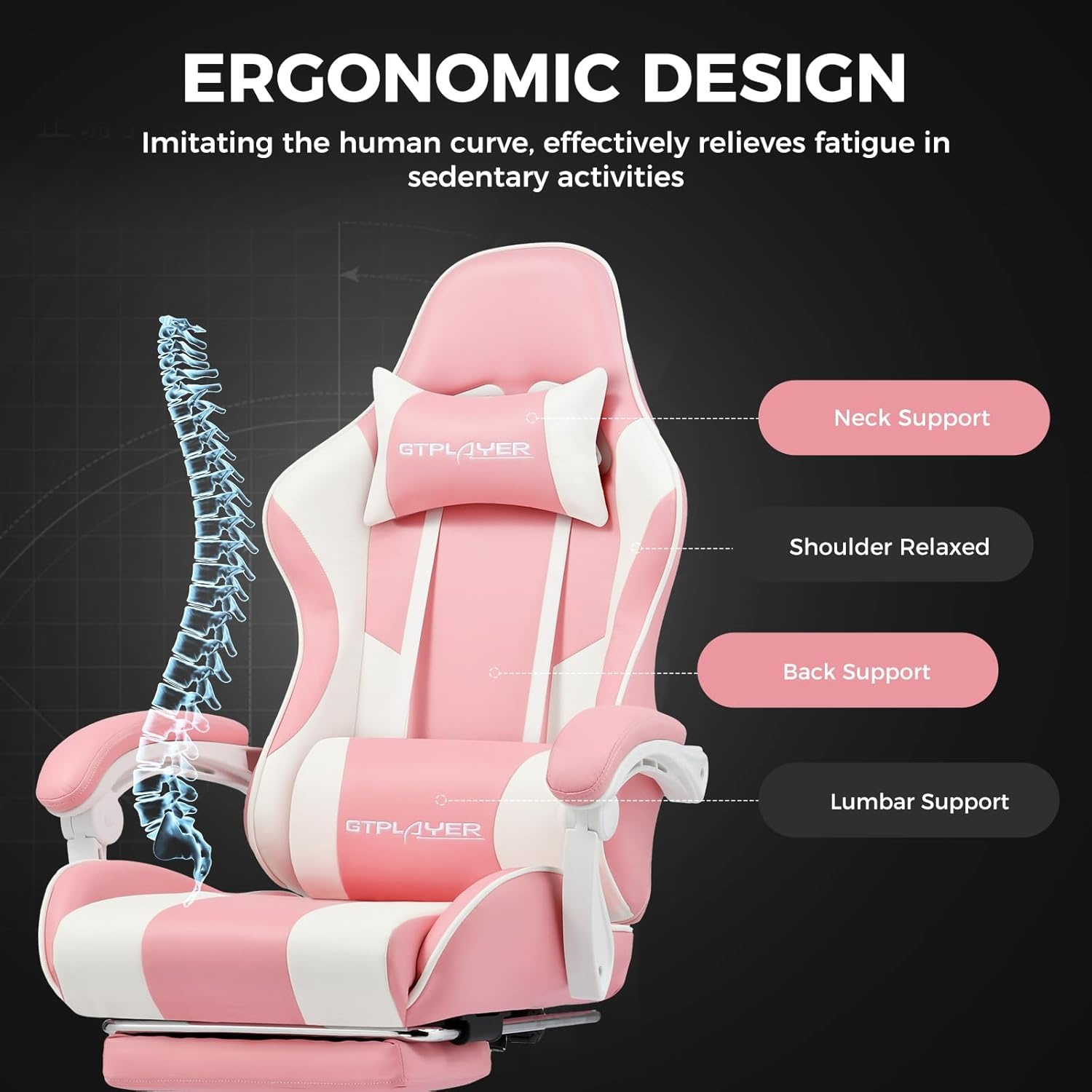 image:imageGTPLAYER Gaming Chair Computer Chair with Footrest and Lumbar Support Height Adjustable Game Chair with 360Swivel Seat and Headrest and for Office or Gaming Faux Leather BlackPink