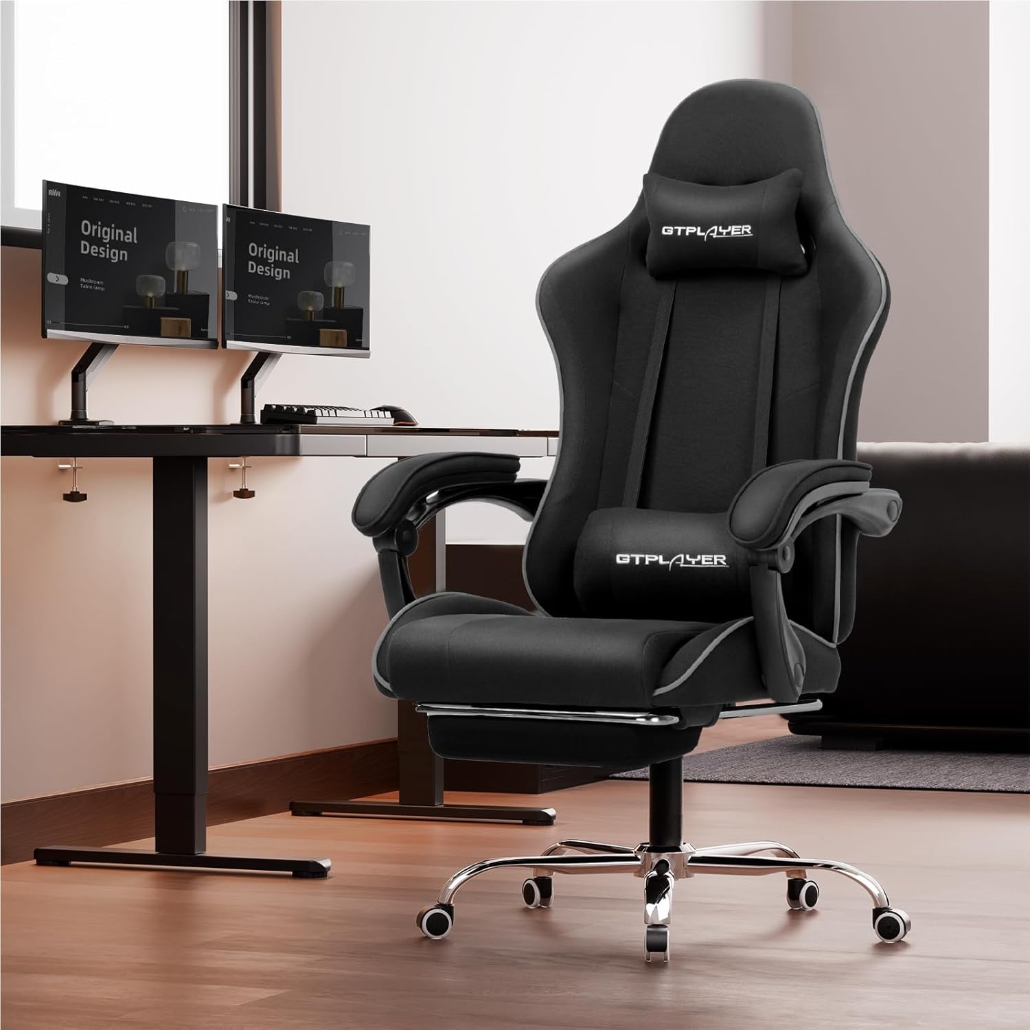 image:imageGTPLAYER Gaming Chair Computer Chair with Footrest and Lumbar Support Height Adjustable Game Chair with 360Swivel Seat and Headrest and for Office or Gaming Faux Leather BlackBlack