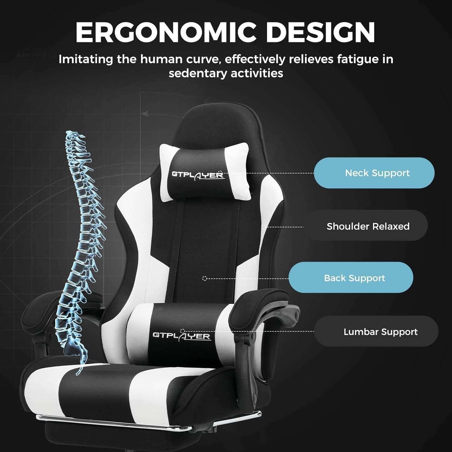 image:imageGTPLAYER Gaming Chair Computer Chair with Footrest and Lumbar Support Height Adjustable Game Chair with 360Swivel Seat and Headrest and for Office or Gaming Faux Leather BlackFabric Black White