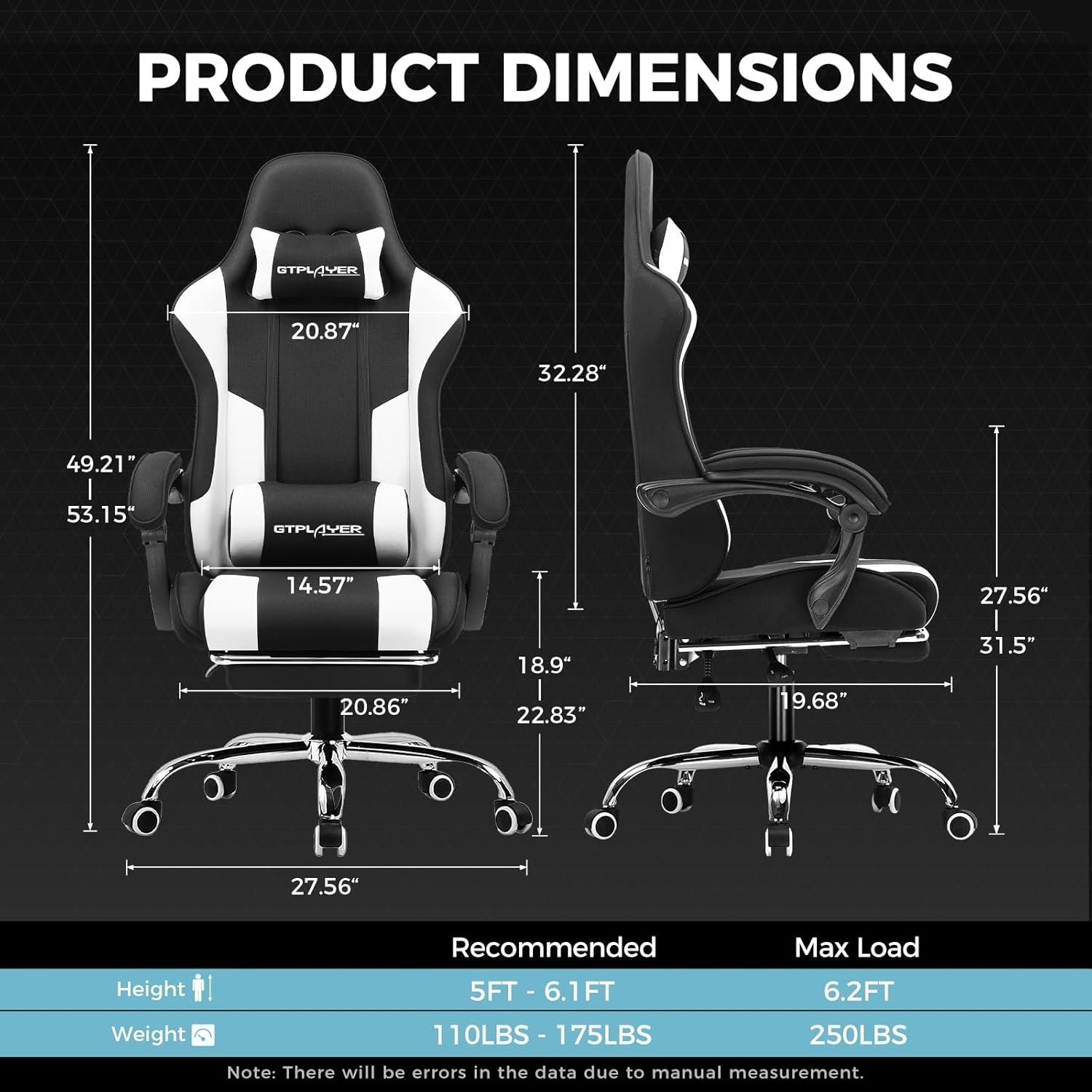 image:imageGTPLAYER Gaming Chair Computer Chair with Footrest and Lumbar Support Height Adjustable Game Chair with 360Swivel Seat and Headrest and for Office or Gaming Faux Leather BlackFabric Black White