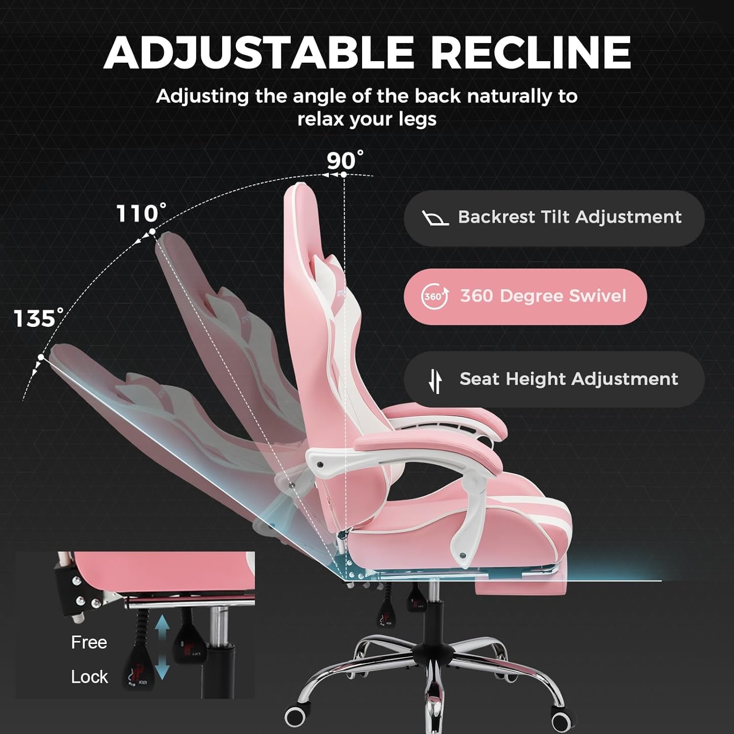image:imageGTPLAYER Gaming Chair Computer Chair with Footrest and Lumbar Support Height Adjustable Game Chair with 360Swivel Seat and Headrest and for Office or Gaming Faux Leather BlackPink