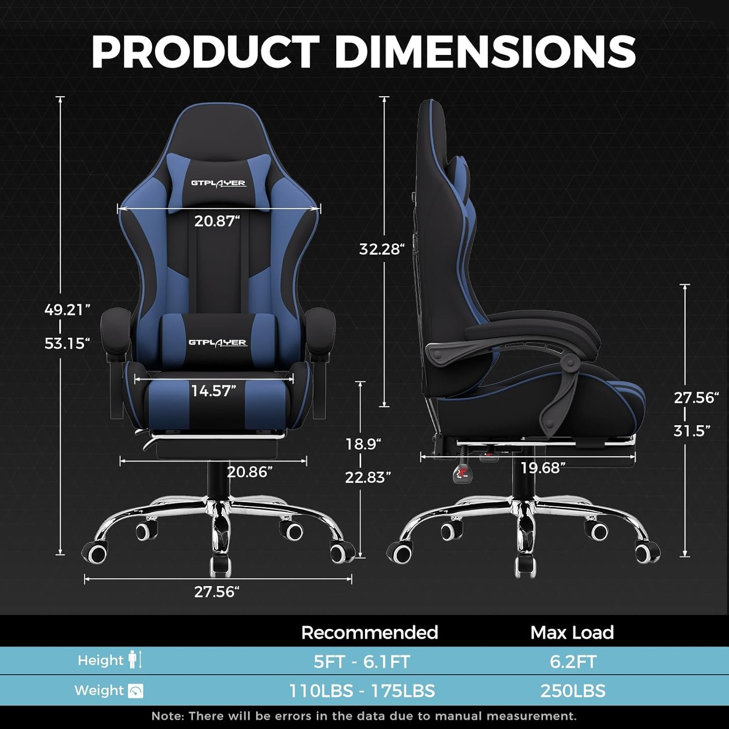 image:imageGTPLAYER Gaming Chair Computer Chair with Footrest and Lumbar Support Height Adjustable Game Chair with 360Swivel Seat and Headrest and for Office or Gaming Faux Leather BlackFabric Blue